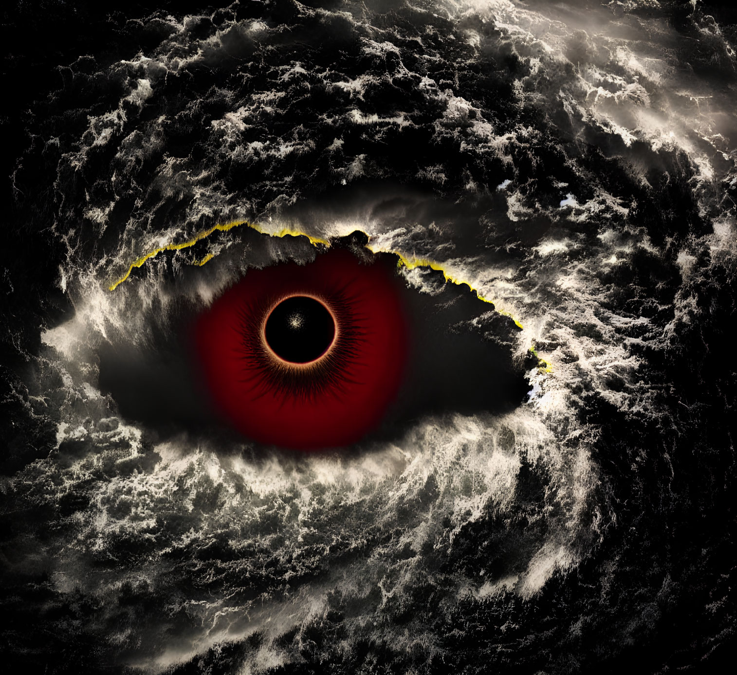 Surreal image of giant red eye in swirling dark clouds