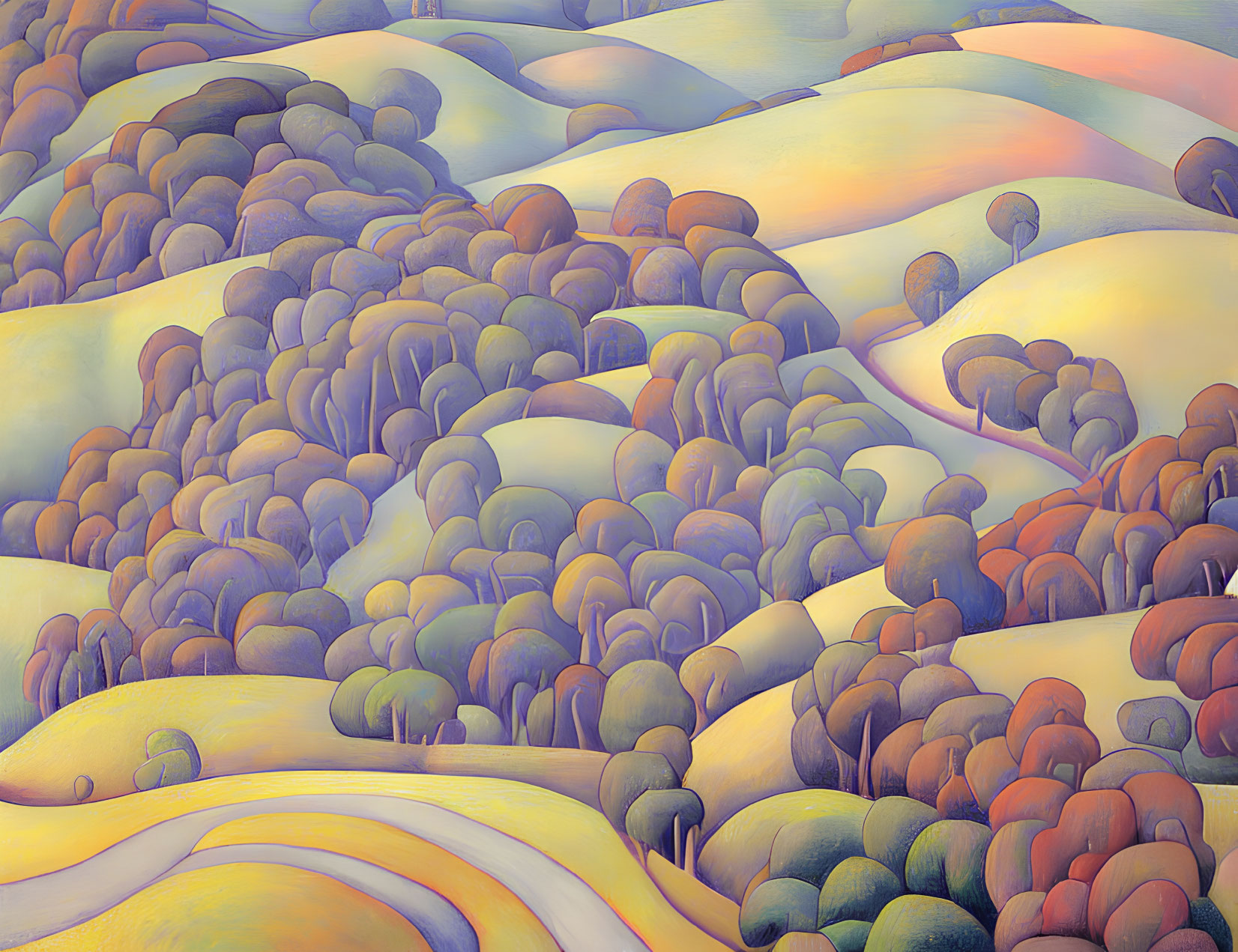 Vibrant Stylized Painting of Rolling Hills and Trees