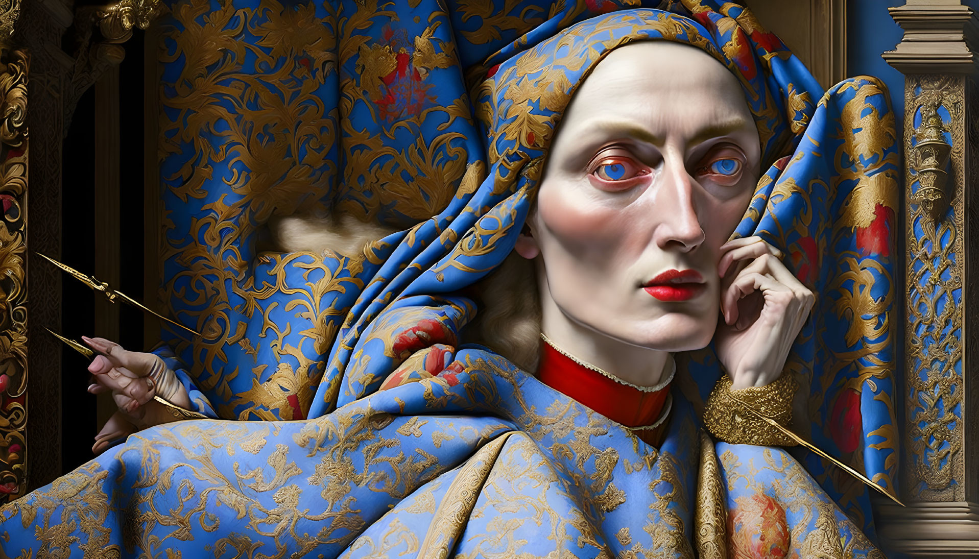 Hyperrealistic Portrait of Pensive Person in Blue and Gold Renaissance Garment