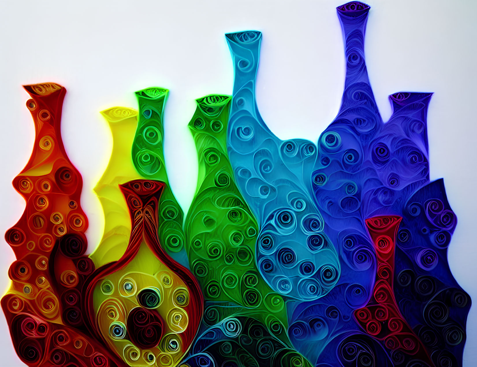 Vibrant abstract paper quilling art of colorful vases