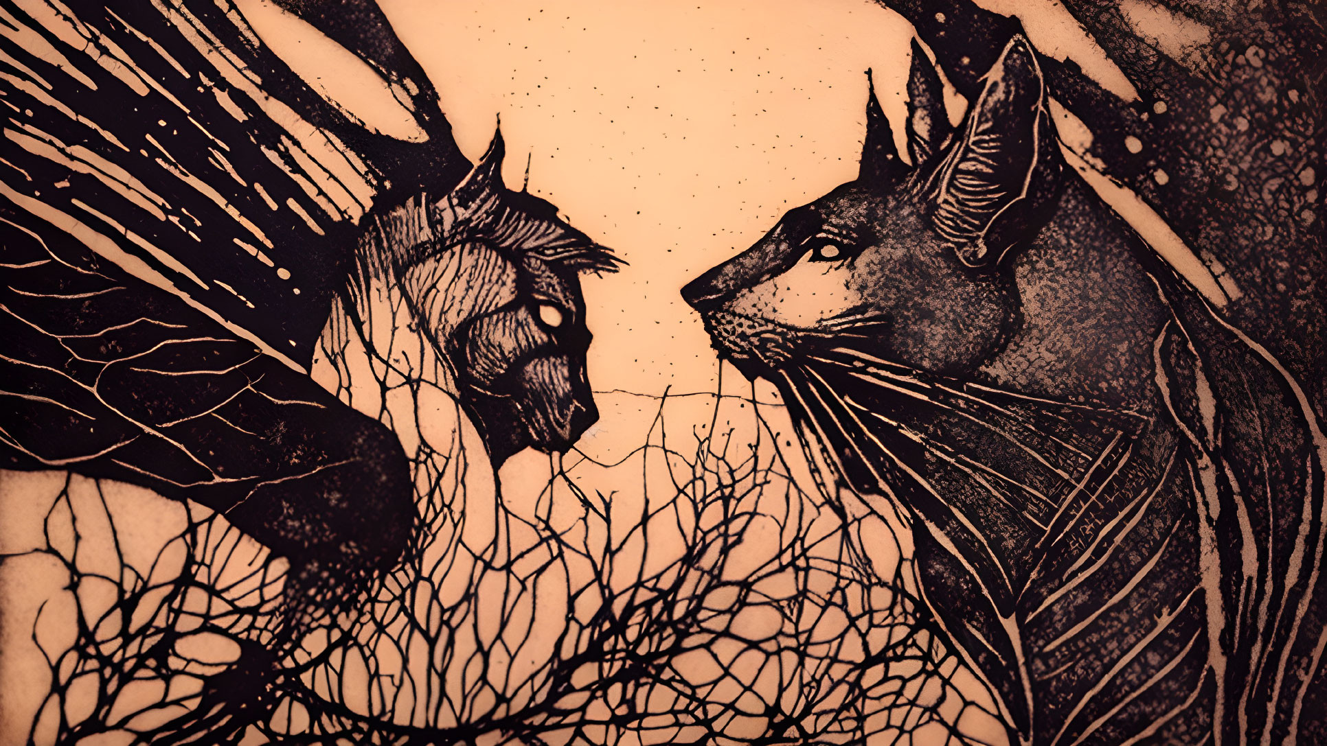 Detailed illustration of fantastical creatures face-off with wings and fur on sepia background