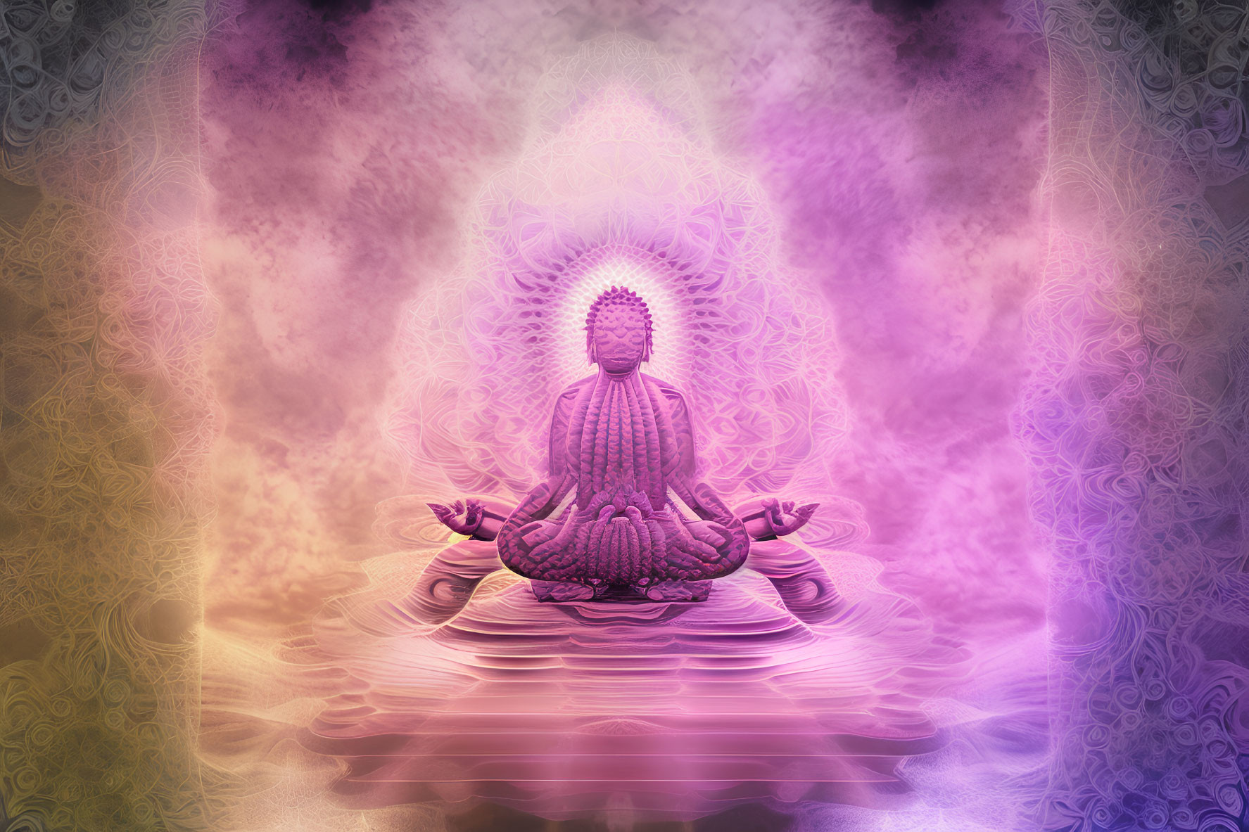 Purple Meditating Buddha Statue Graphic on Serene Ornamental Background