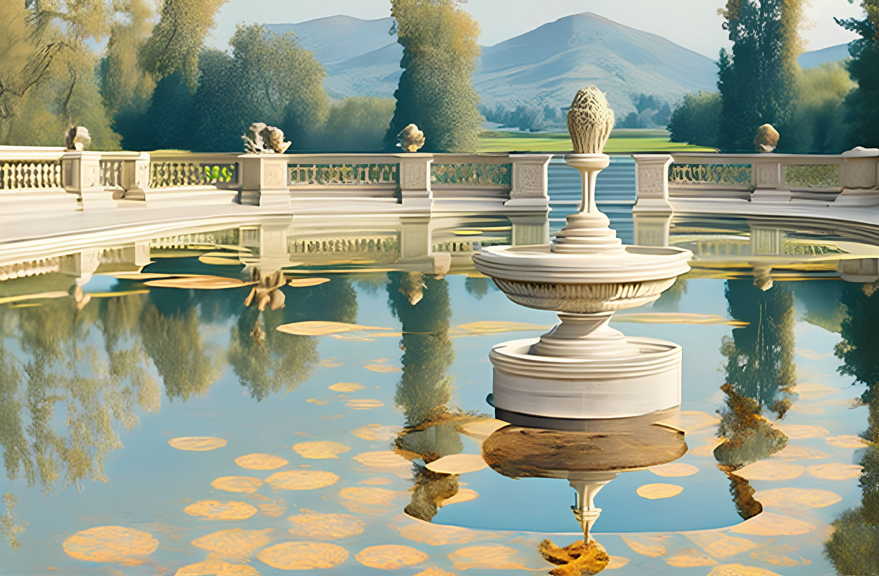 Tranquil garden scene with reflective pond and classical elements