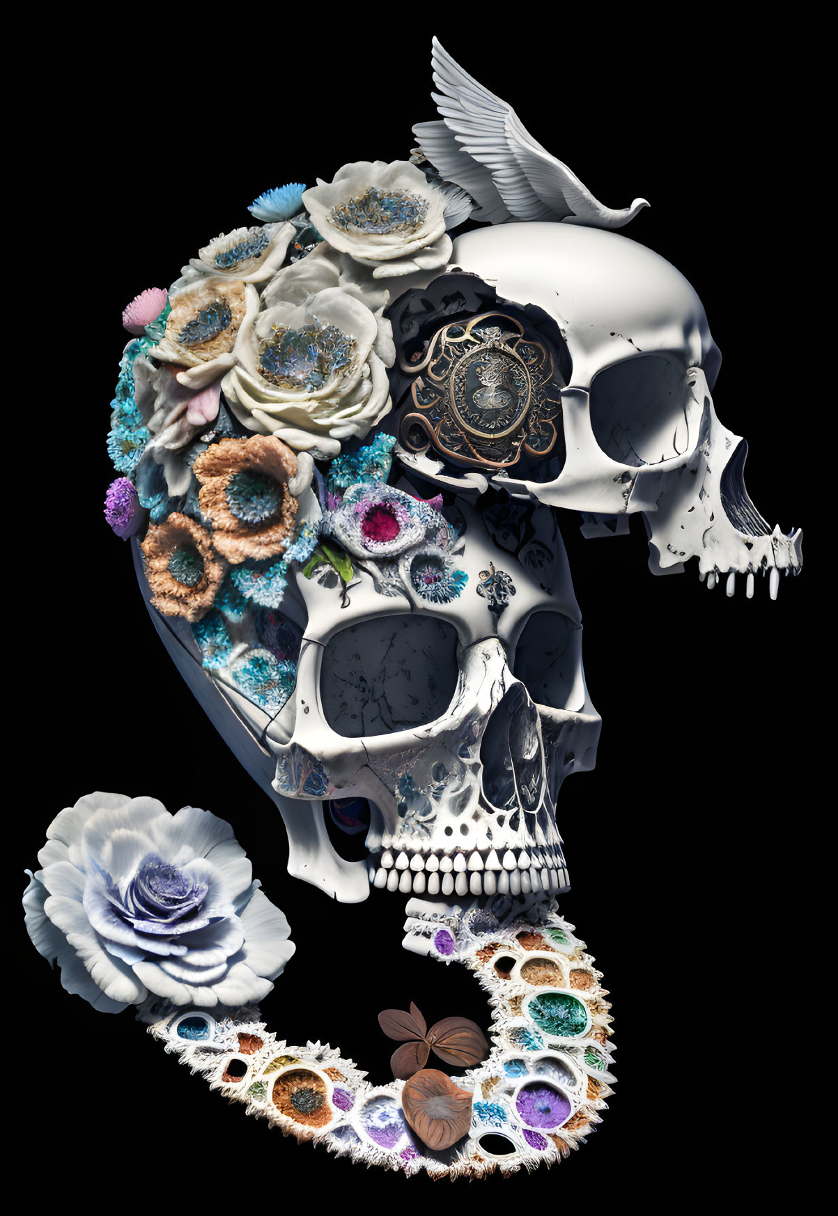 Skull with flowers, clock parts, and filigree symbolizing life, time, and mortality