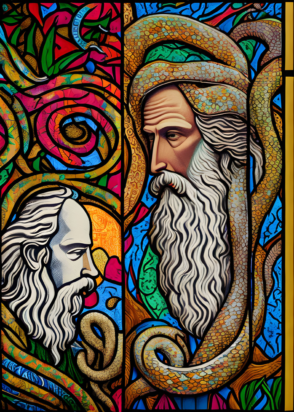 Illustration of two bearded figures in stained glass style with intricate patterns.