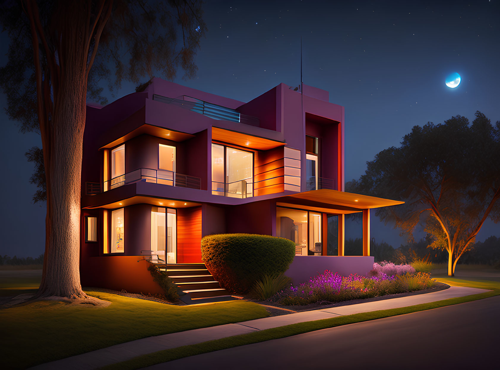 Modern two-story house with large windows, flat roof, and landscaped gardens at twilight