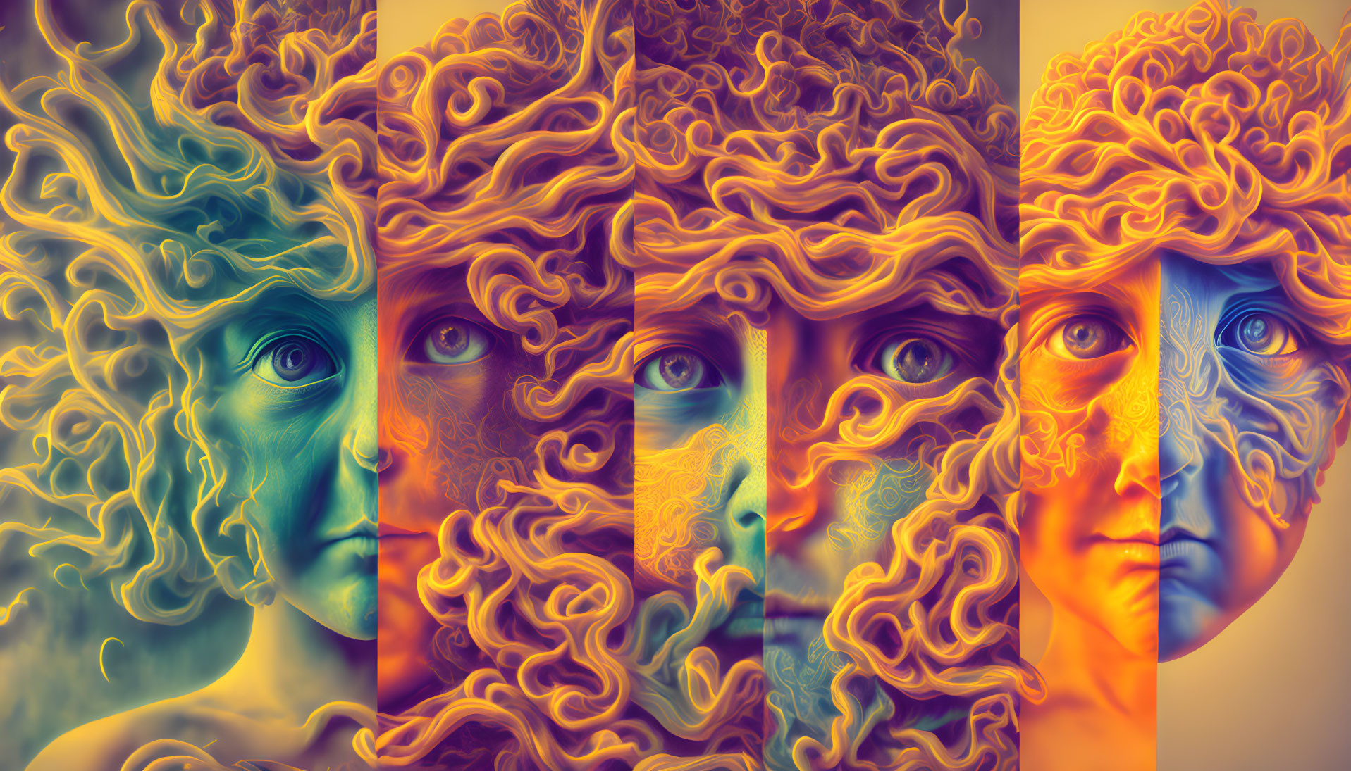 Digital artwork: Five surreal face panels morphing into intricate, wavy patterns in cool to warm color