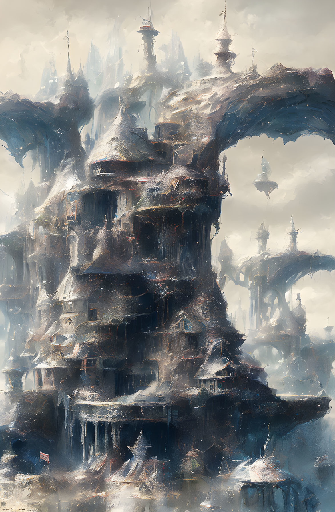 Fantasy city with towering spires on steep cliff