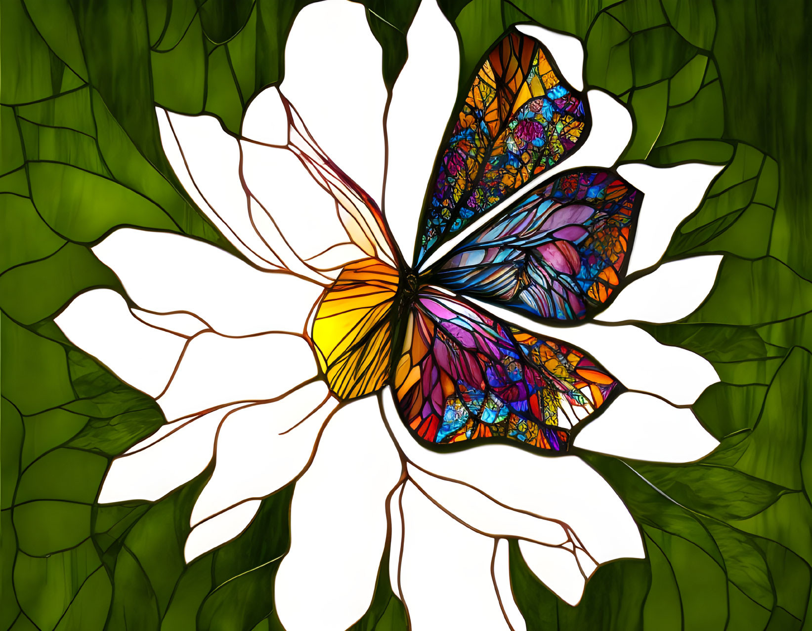 Colorful stained glass pattern on white flower against green background