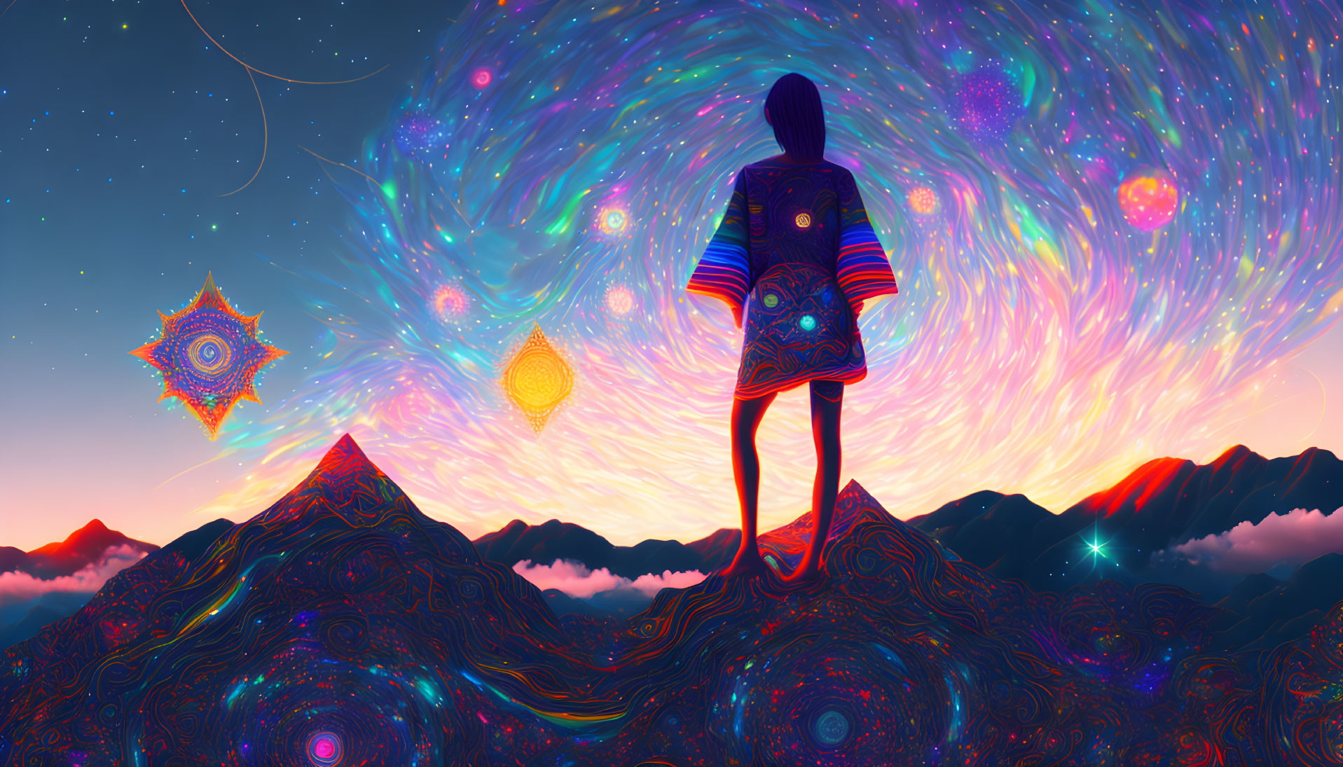 Vibrant mountain peak with psychedelic sky and fractal designs