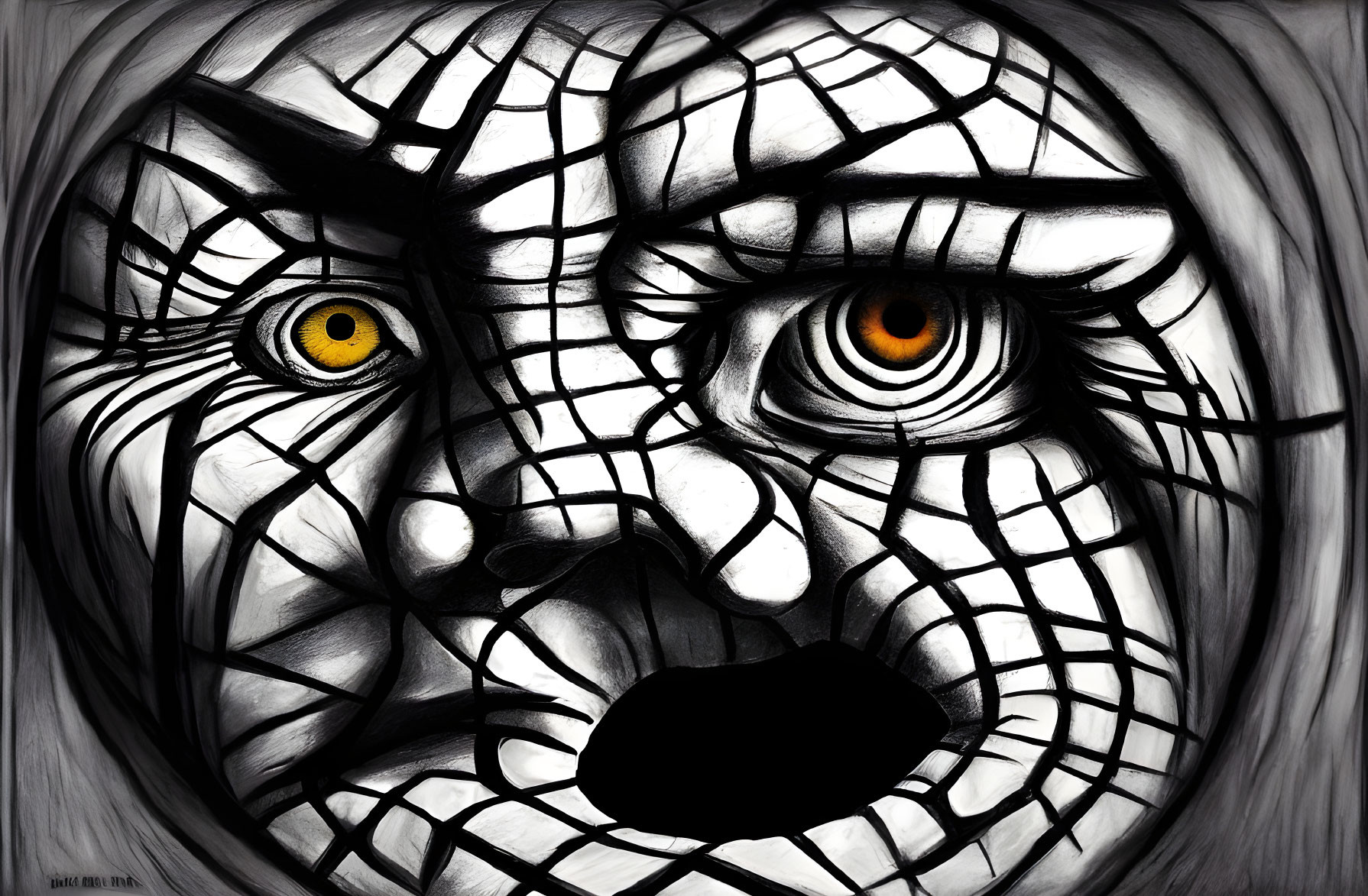 Abstract black and white painting of cracked face with yellow eyes