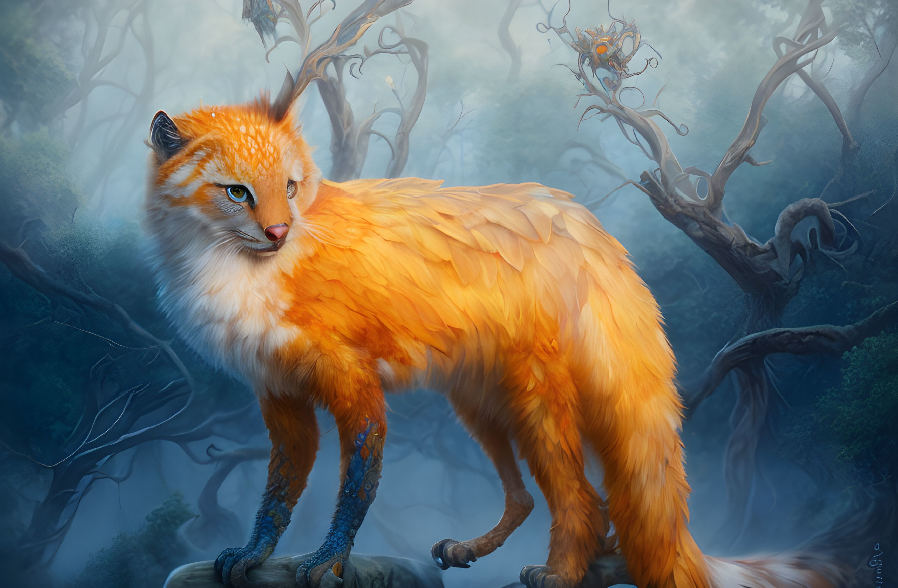 Orange Fox-Headed Creature with Feathery Body and Antlers in Enchanted Forest