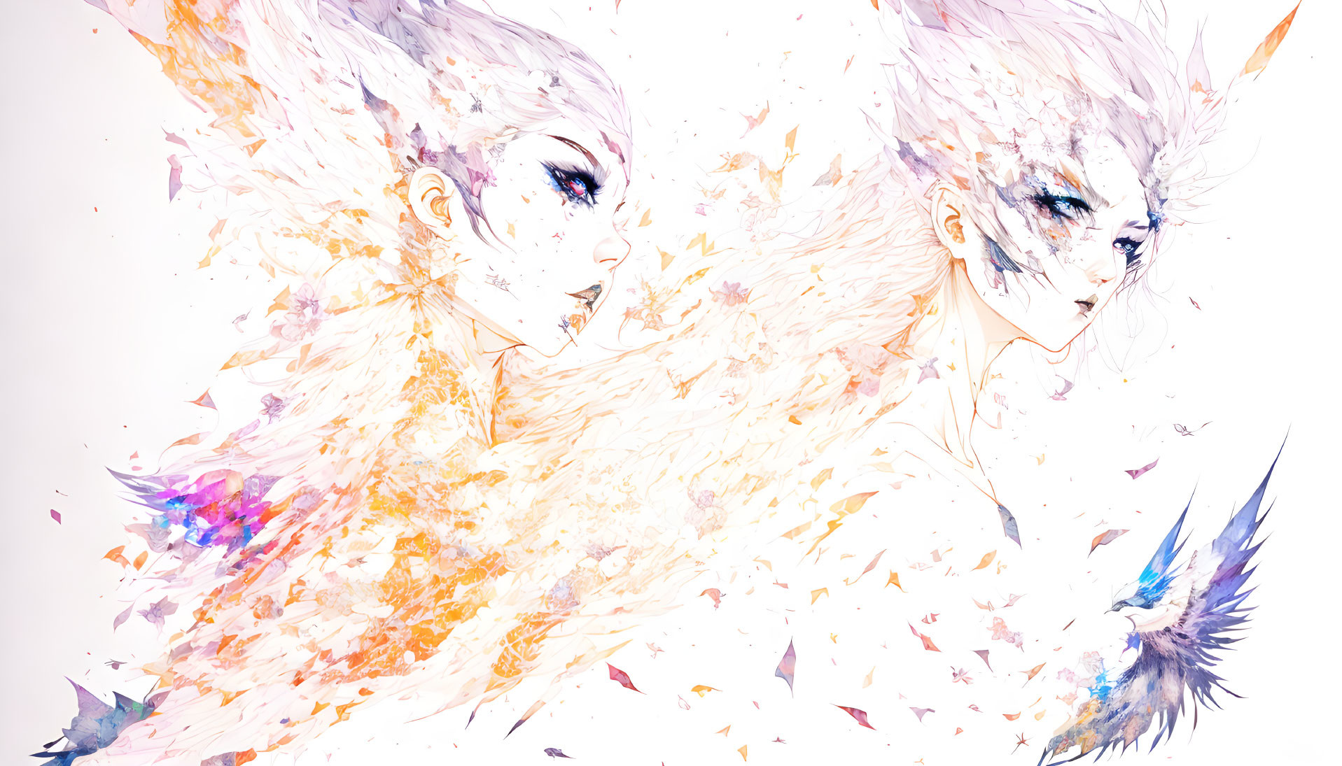 Mirrored ethereal beings with pastel colors and wispy feathers