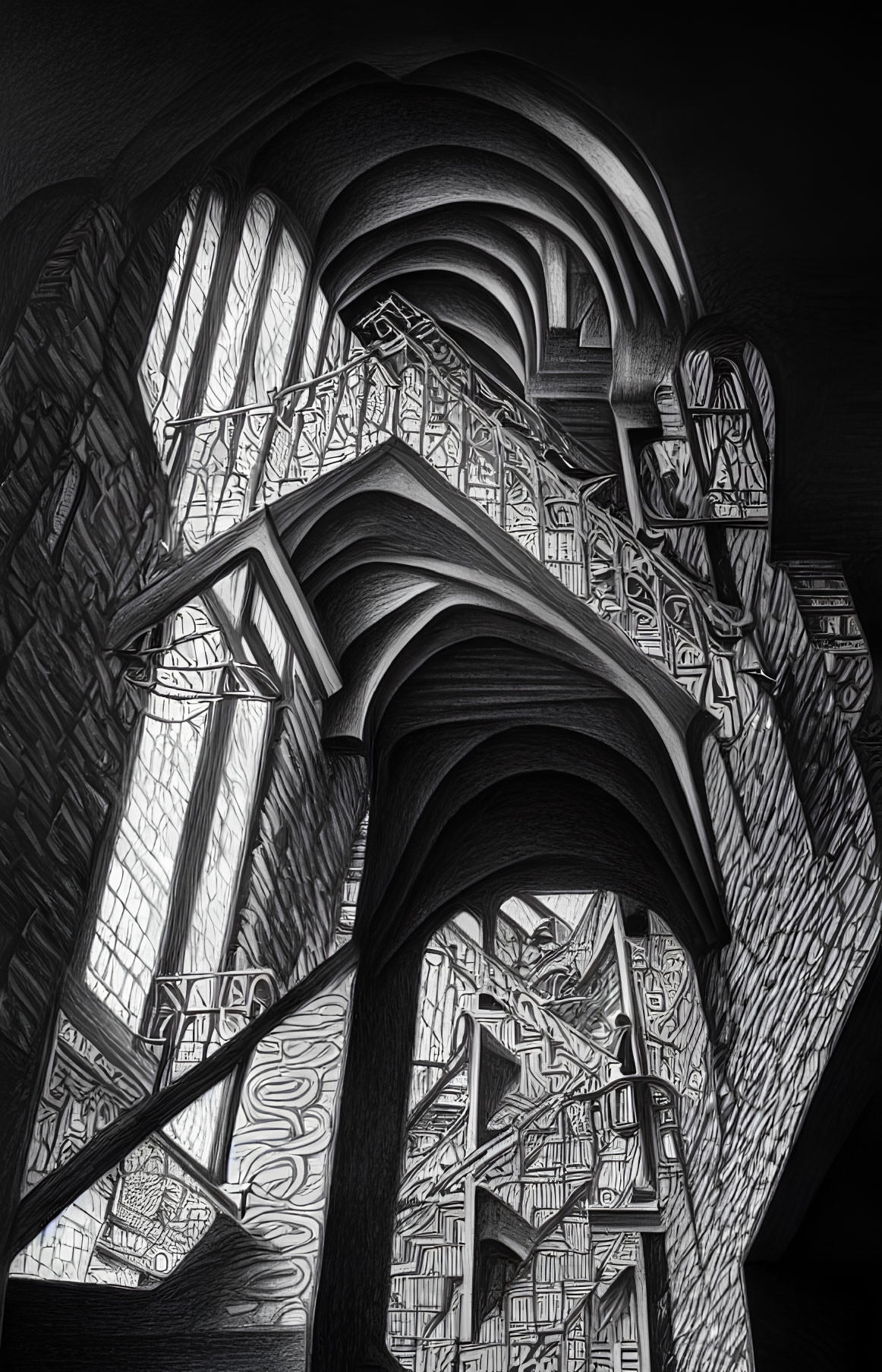 Monochromatic interior architecture with intricate patterns and Escher-like illusion