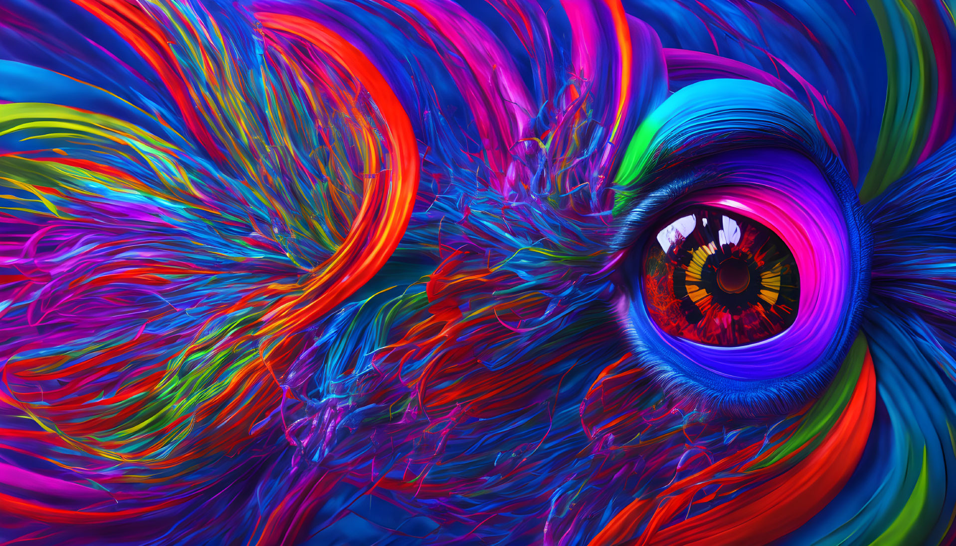 Colorful Abstract Artwork with Swirling Colors and Human Eye in Center