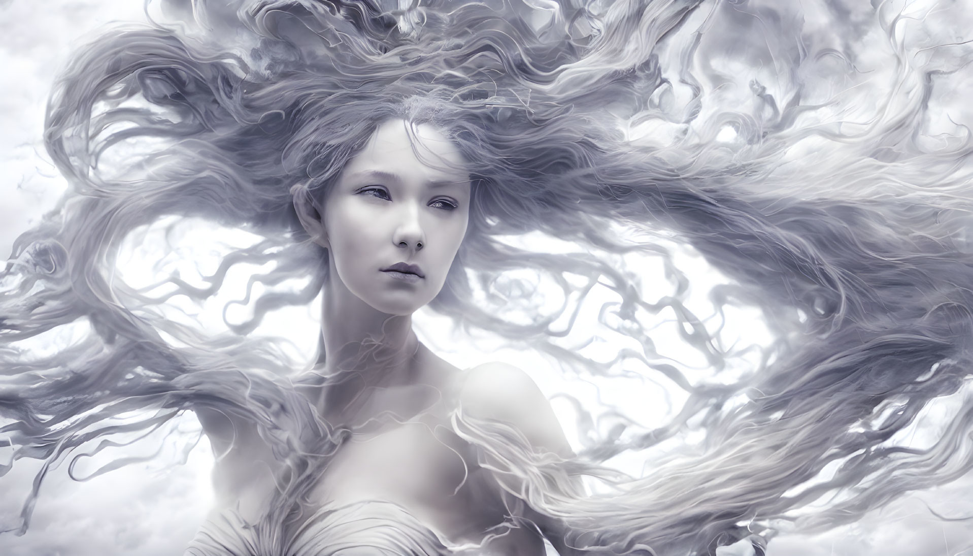 Monochrome artistic image: Woman with flowing hair against cloudy sky