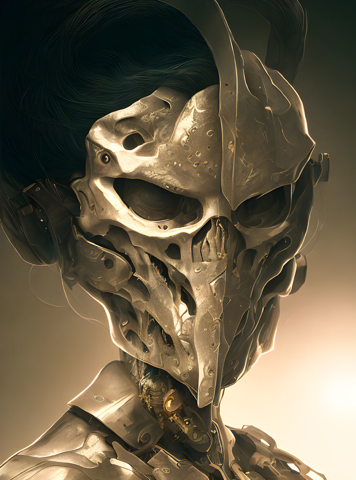 Detailed digital artwork: humanoid figure with metallic skull face and ornate armor on warm-toned backdrop