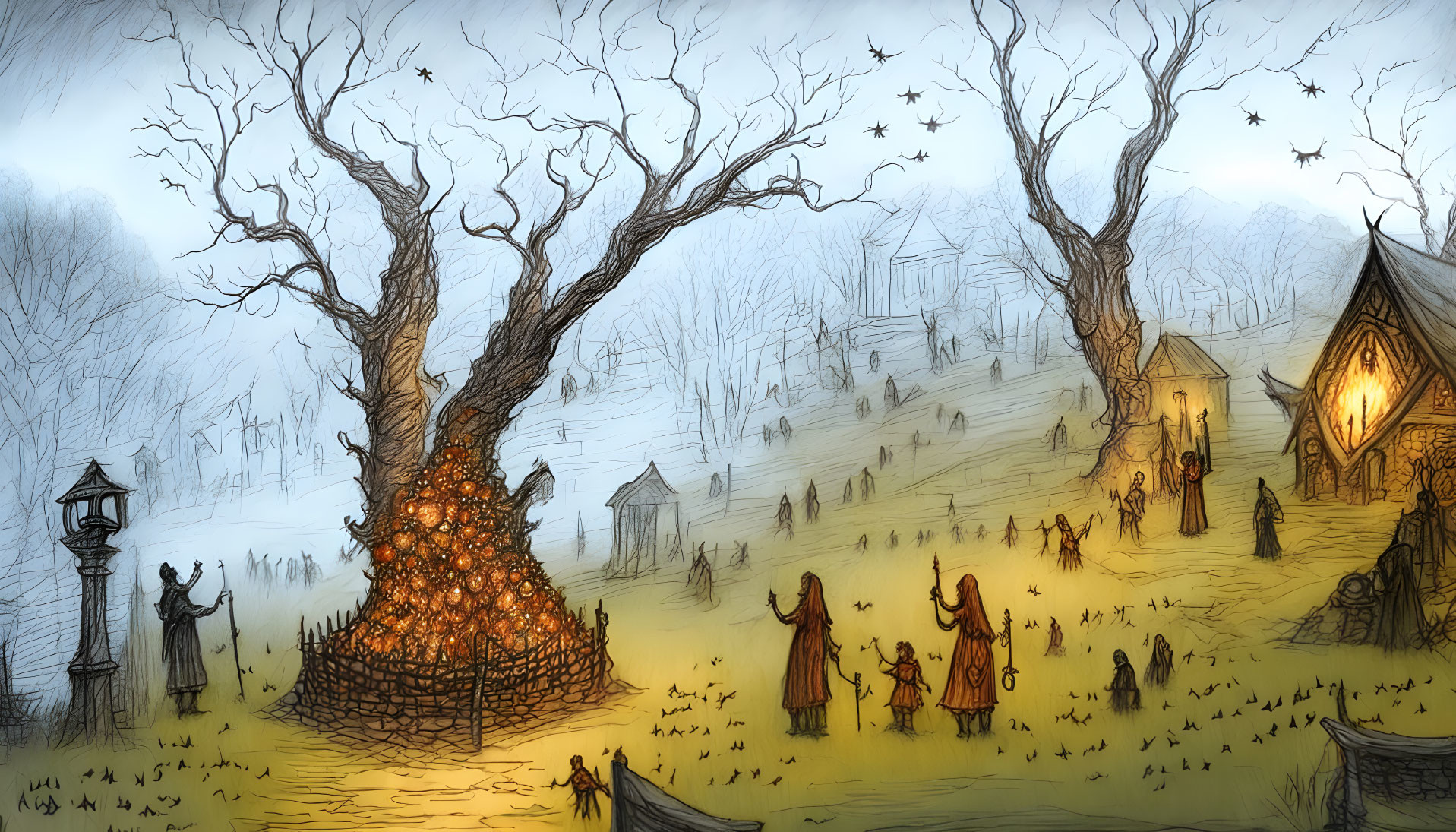 Whimsical village at dusk with bare trees and cloaked figures