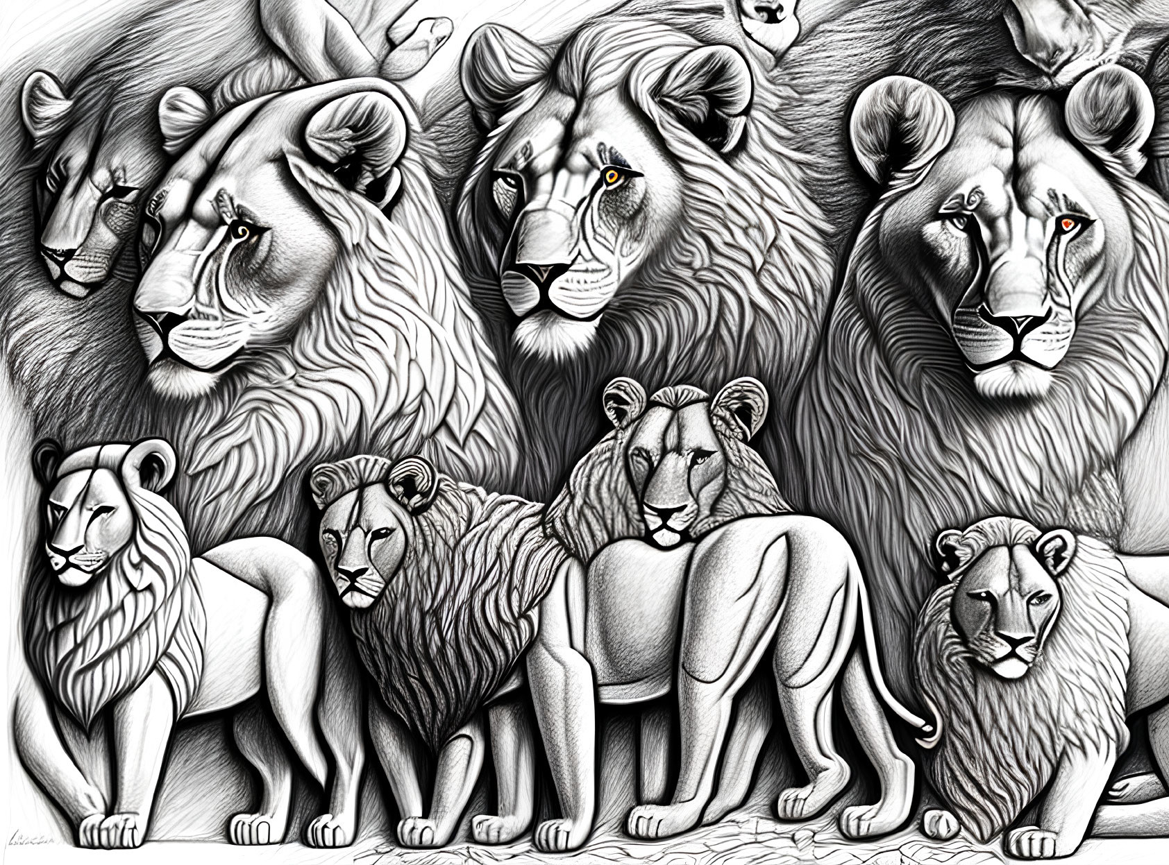 Detailed black & white illustration of a lion pride with varied expressions, intricate shading & textures