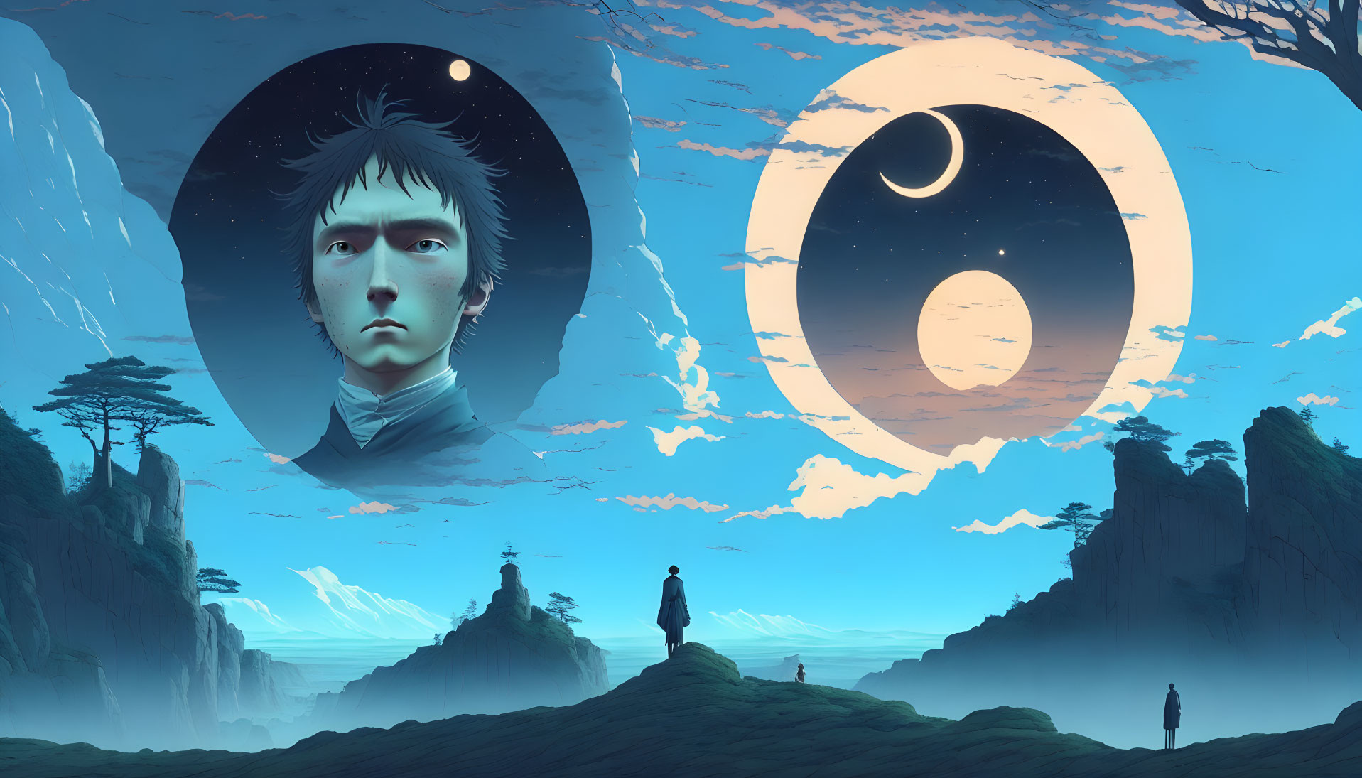 Surreal landscape with giant faces and moons in artwork