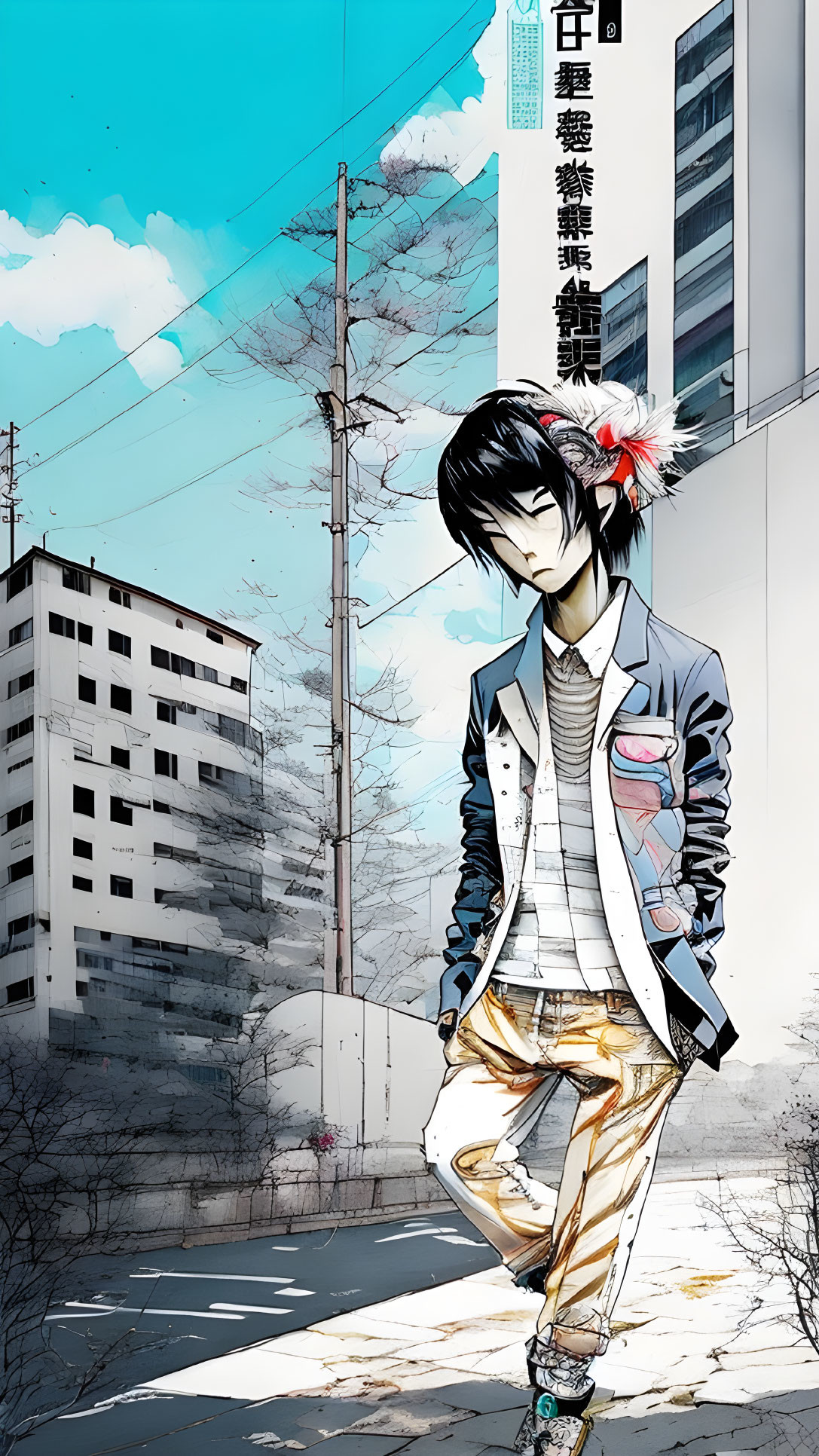 Male anime character with black and red hair in urban outfit under sunlight