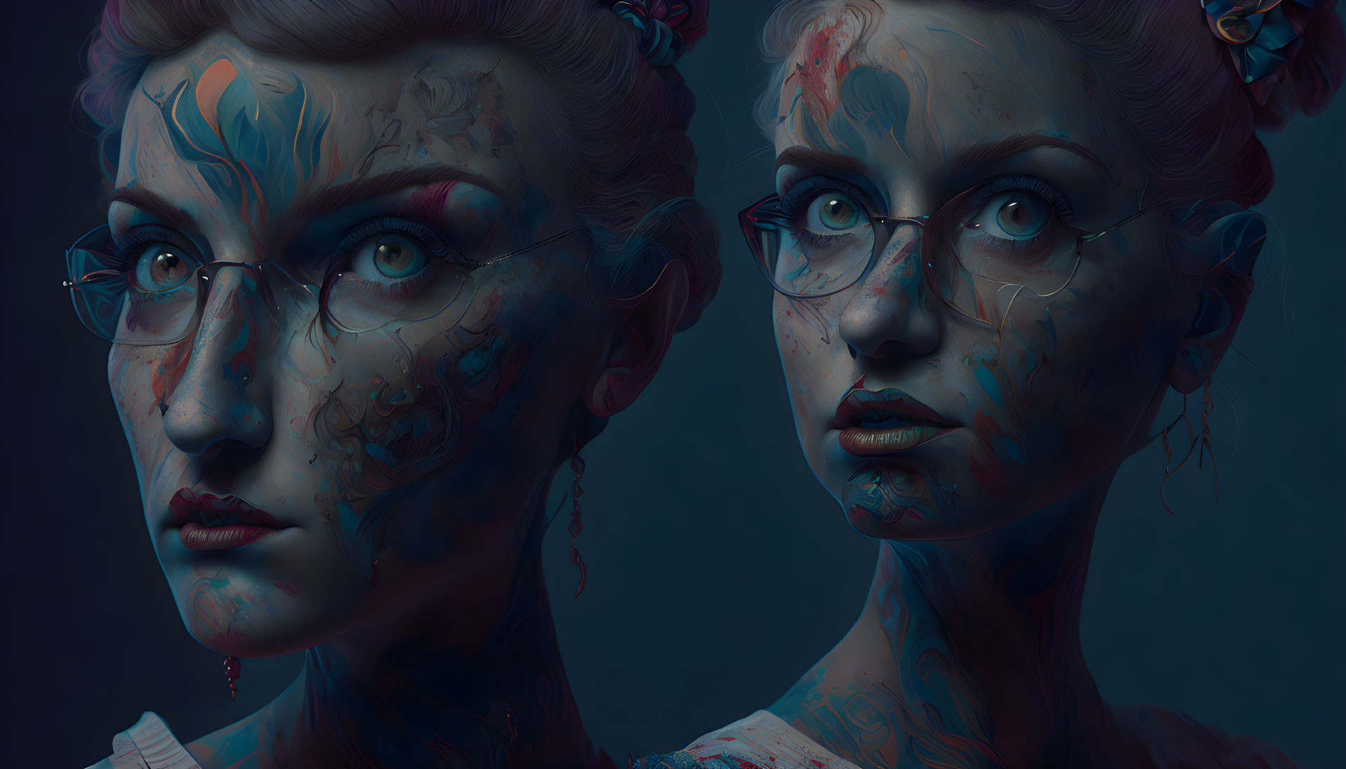 Two women in artistic face paint with glasses, intense stare, against moody blue backdrop.