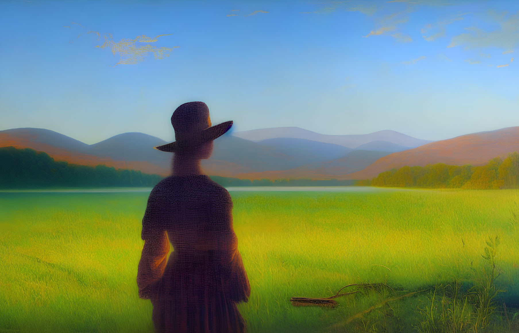 Person in wide-brimmed hat gazes at misty mountains in field