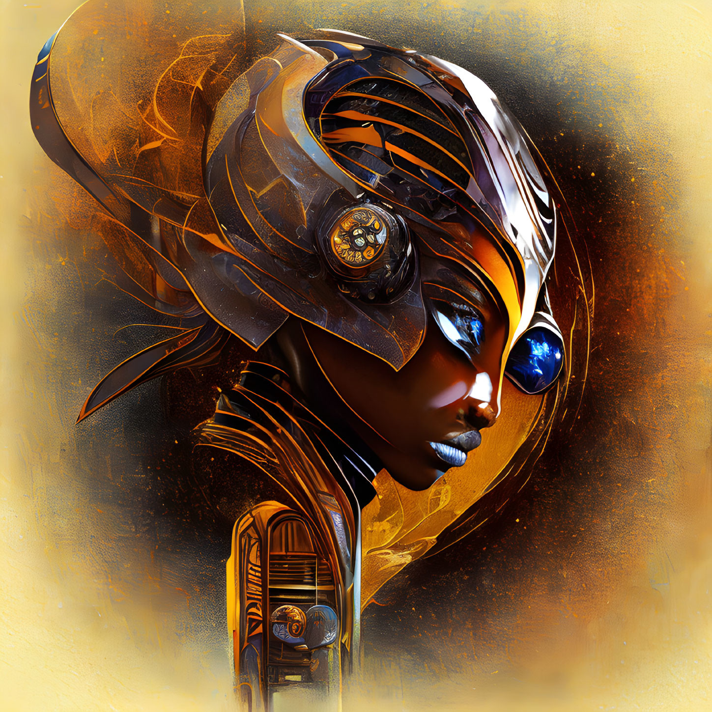 Digital artwork: Female figure with futuristic helmet and blue eyes in golden swirls.