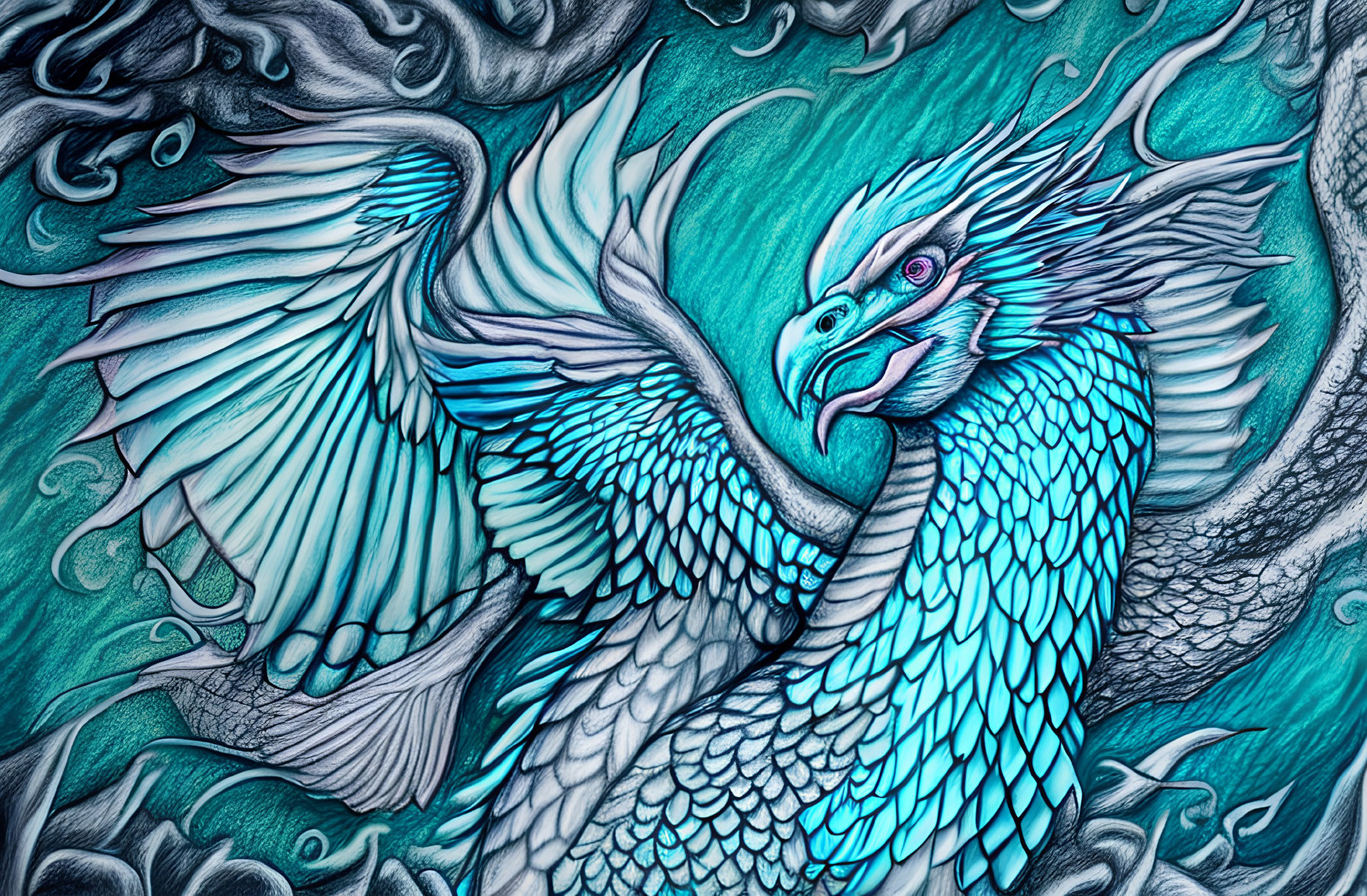 Detailed Blue Dragon Drawing with Spread Wings and Swirling Patterns