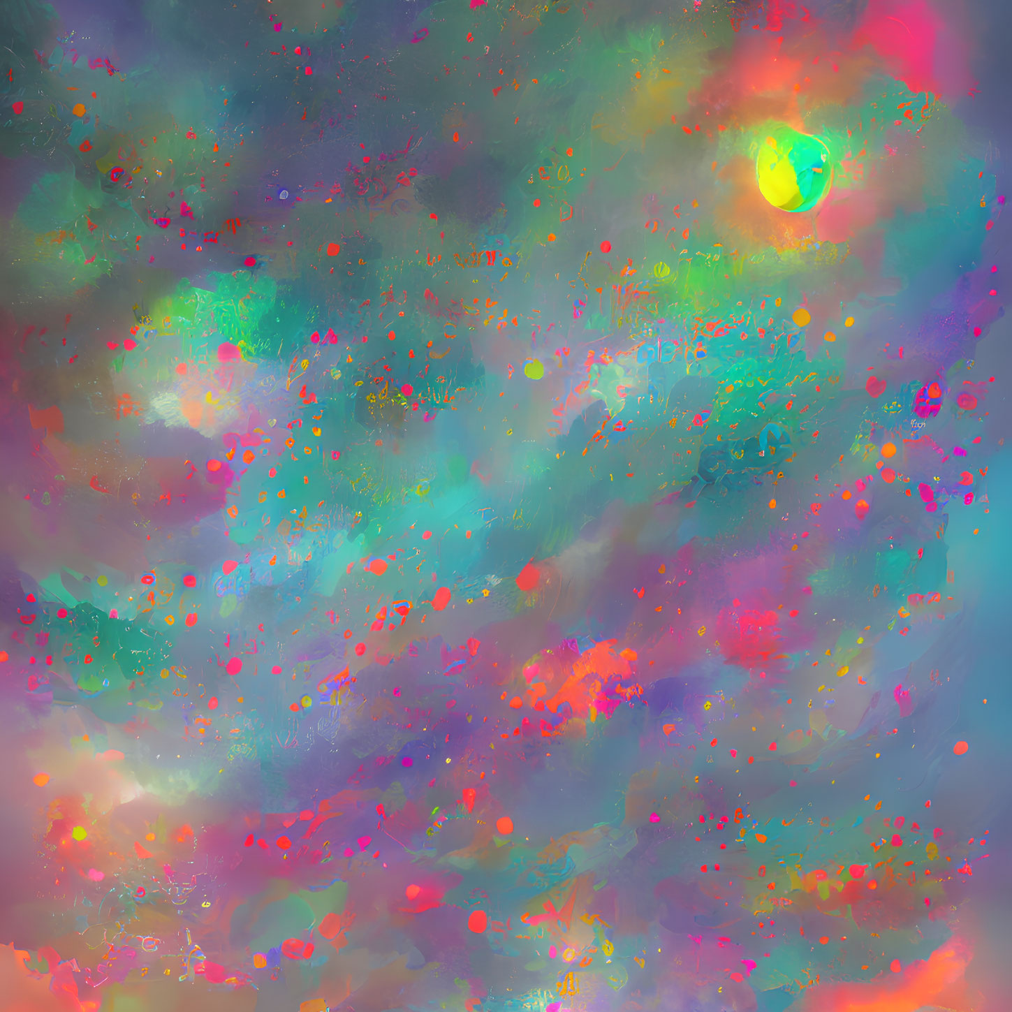 Colorful Abstract Cosmic Scene with Bright Speckles and Sun-like Orb