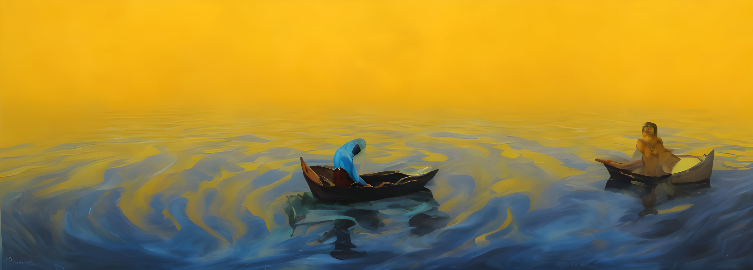 Two People in Separate Boats on Serene Golden Water