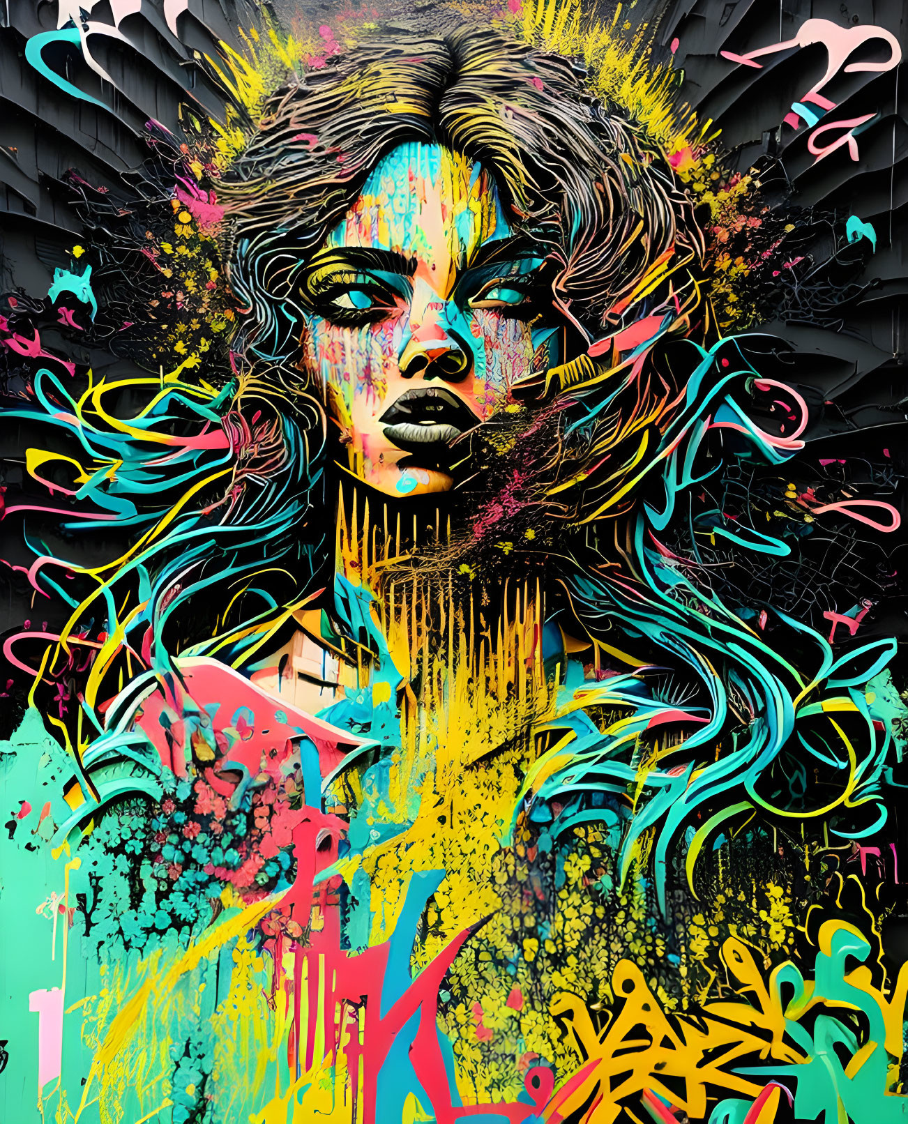 Colorful graffiti-style portrait of a woman with abstract elements on dark urban backdrop