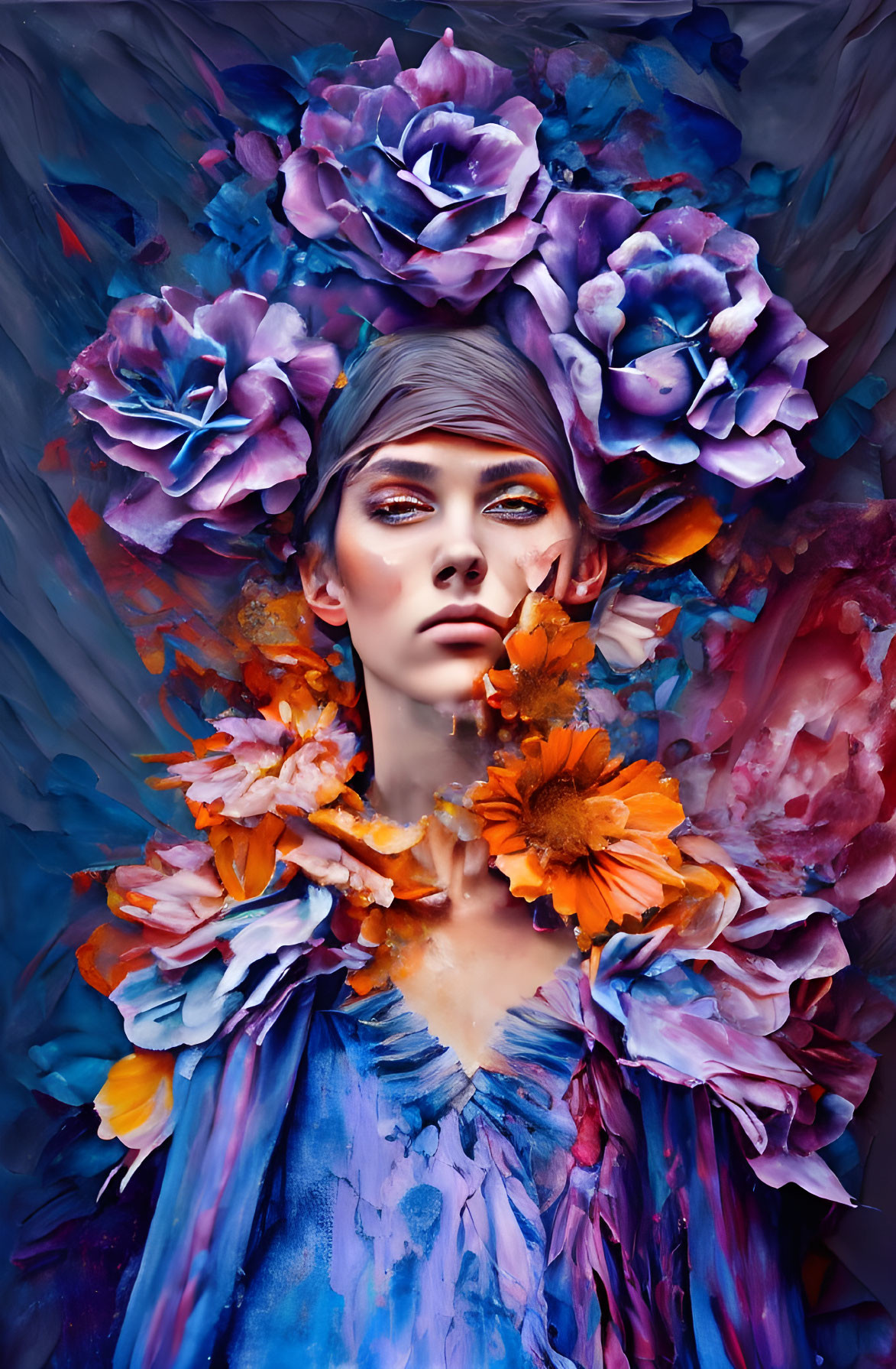 Colorful woman with blue and orange floral headdress on vibrant background