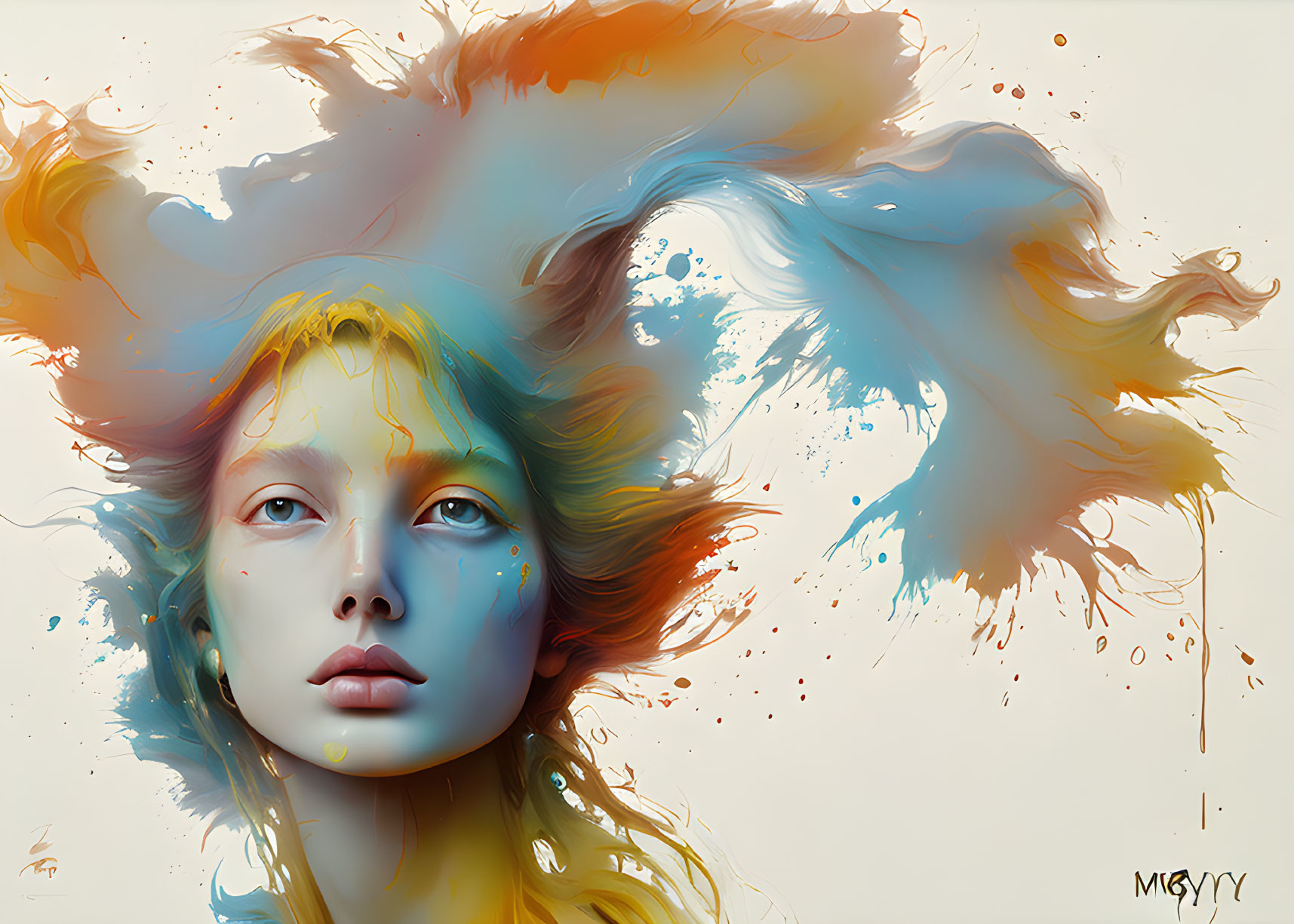 Colorful digital portrait of a woman with flowing hair in blue, yellow, and orange hues