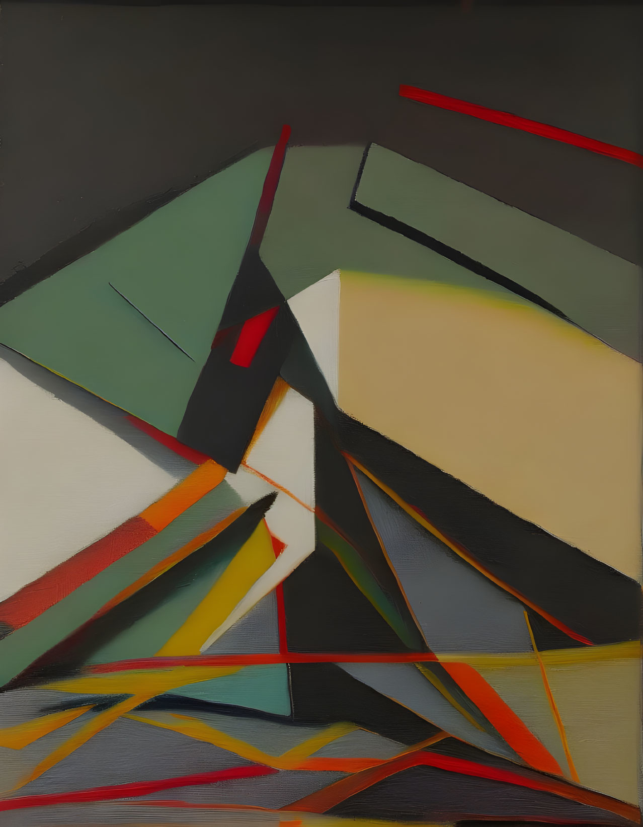 Geometric Abstract Painting with Sharp Angles and Intersecting Lines in Muted Palette