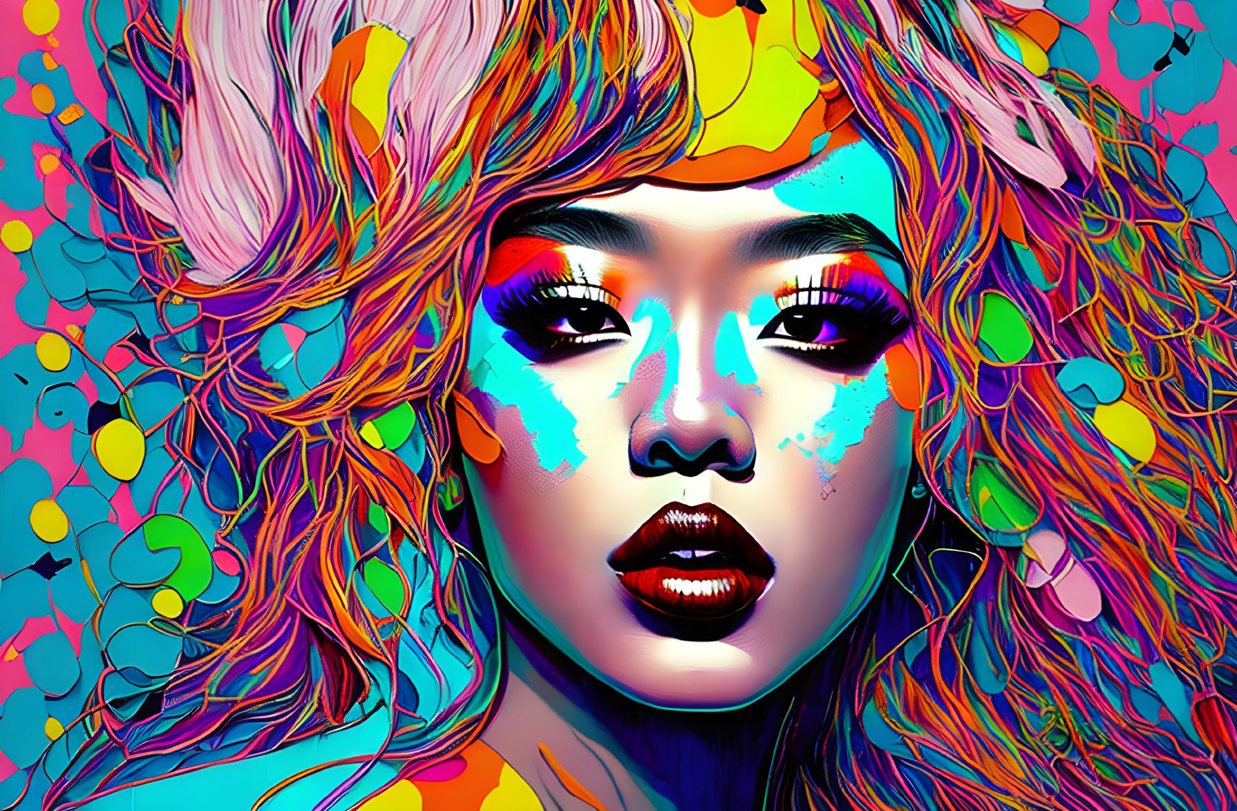 Colorful digital artwork: Woman with flowing hair, bold makeup, and paint splashes on turquoise background