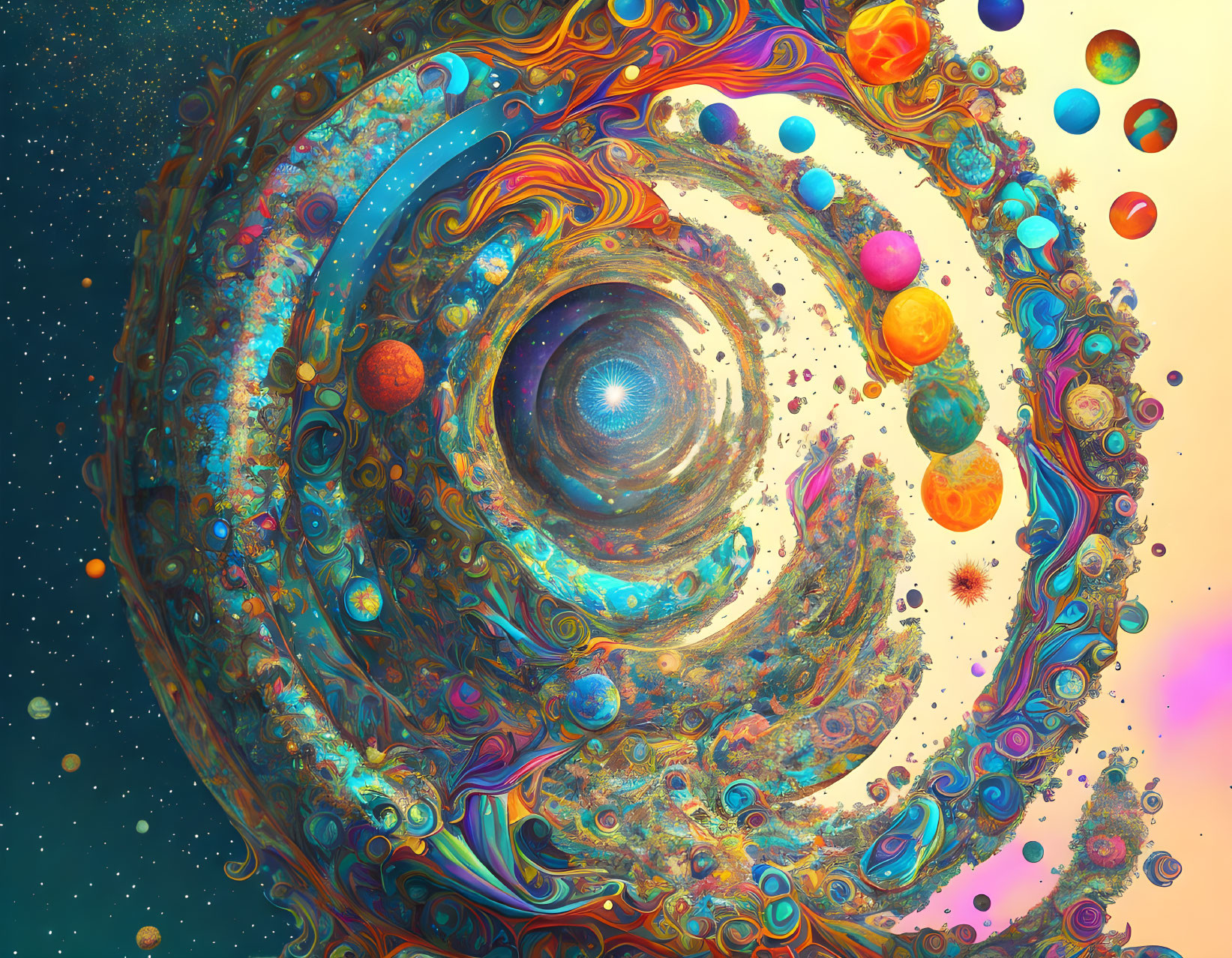 Colorful Psychedelic Fractal Swirl with Floating Orbs in Cosmic Scene