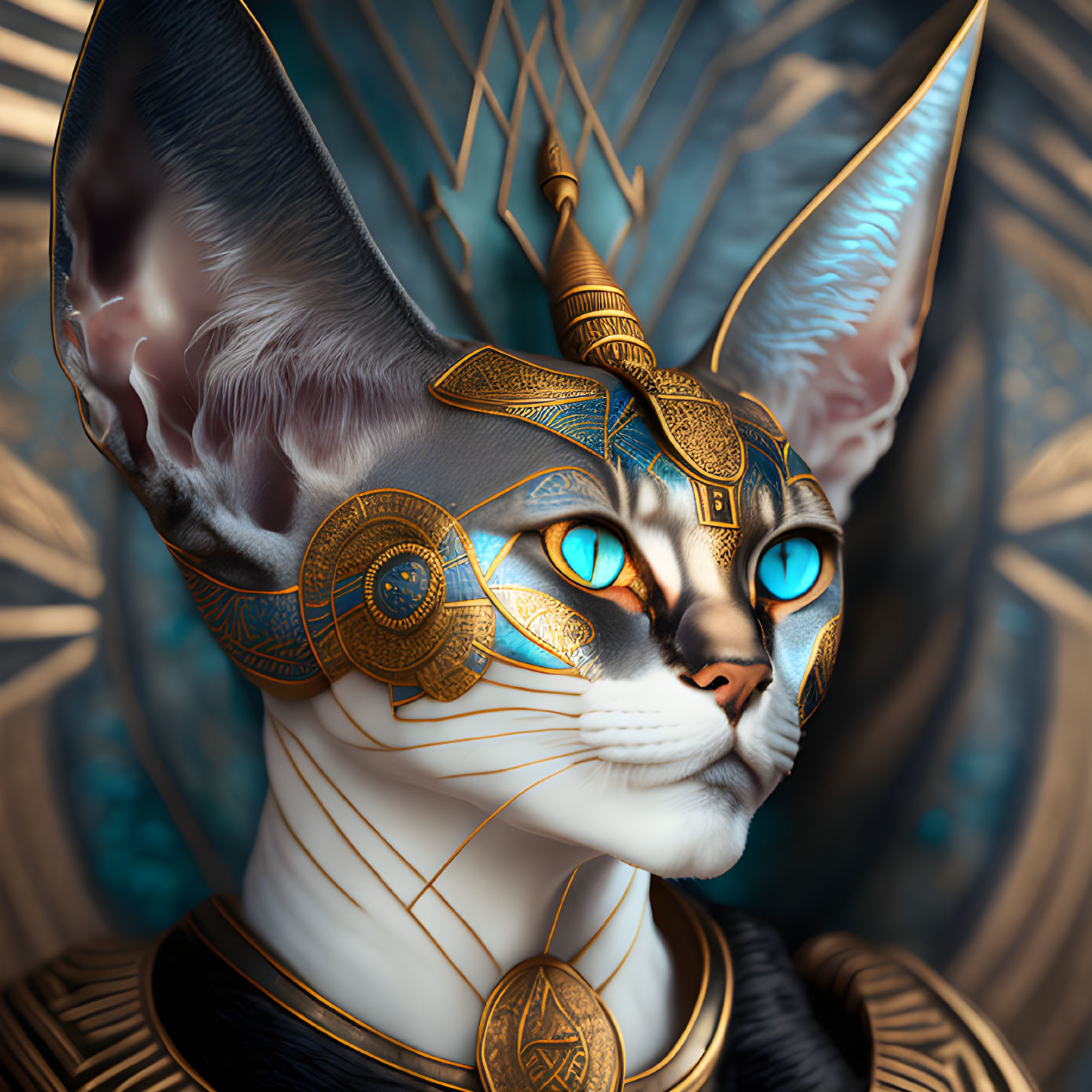 Regal cat digital art with blue eyes and Egyptian-style adornments