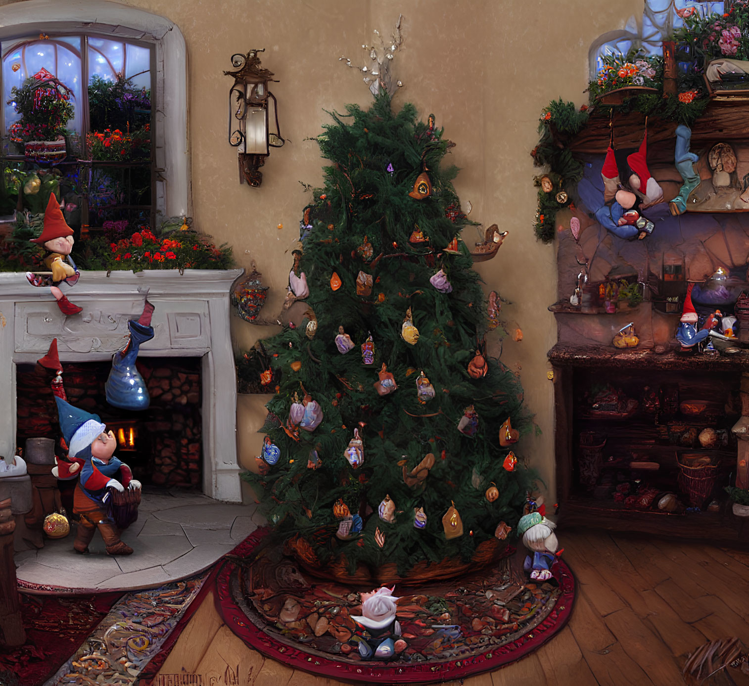 Festive Christmas scene with decorated tree, elves, fireplace, and window