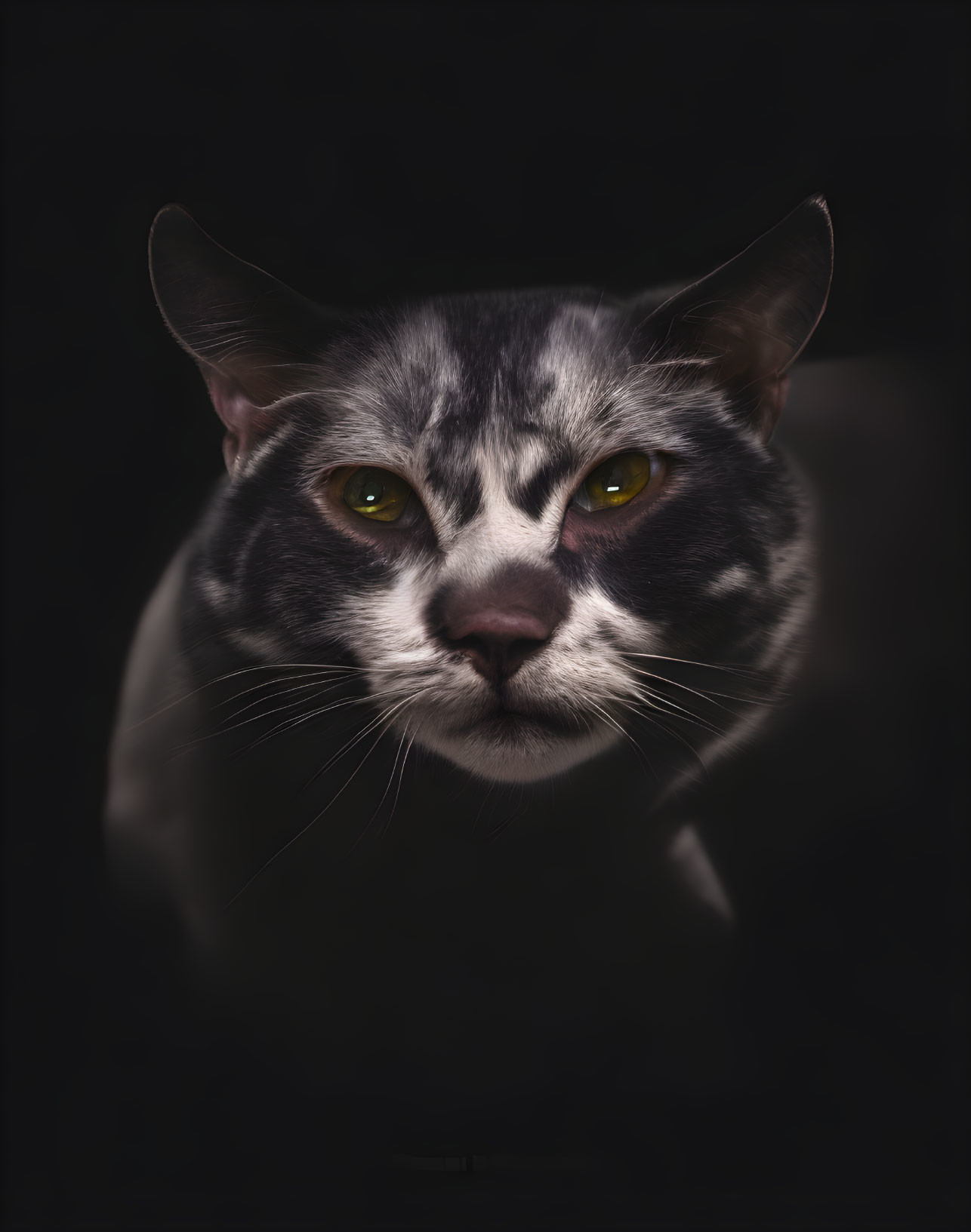 Striking green-eyed cat with grey fur and black stripes on a dark background