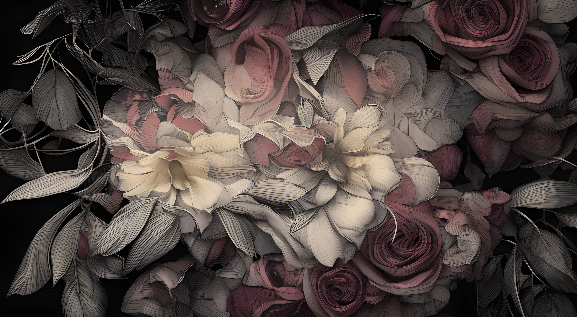 Monochrome image of stylized flowers and leaves with pink and cream roses