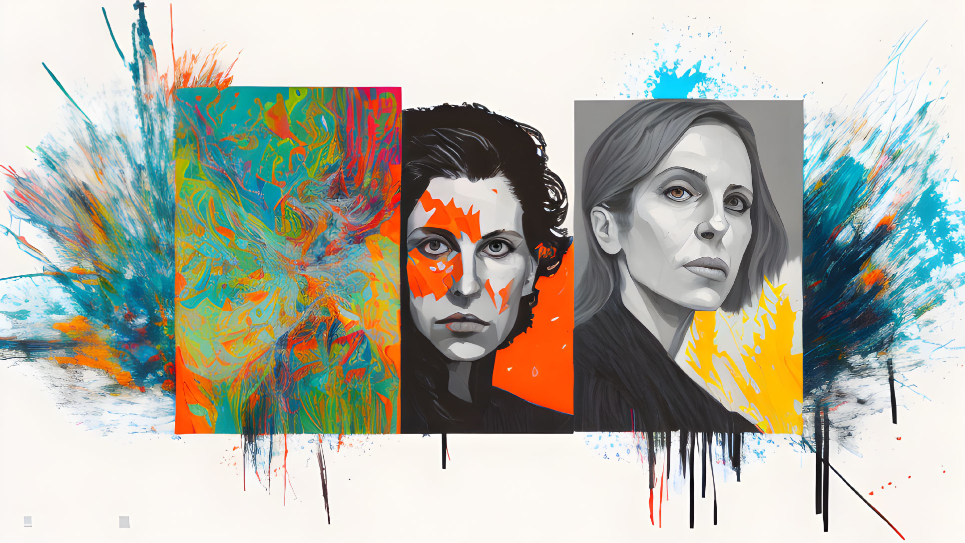 Realistic male and female portraits in abstract art with vibrant paint splashes