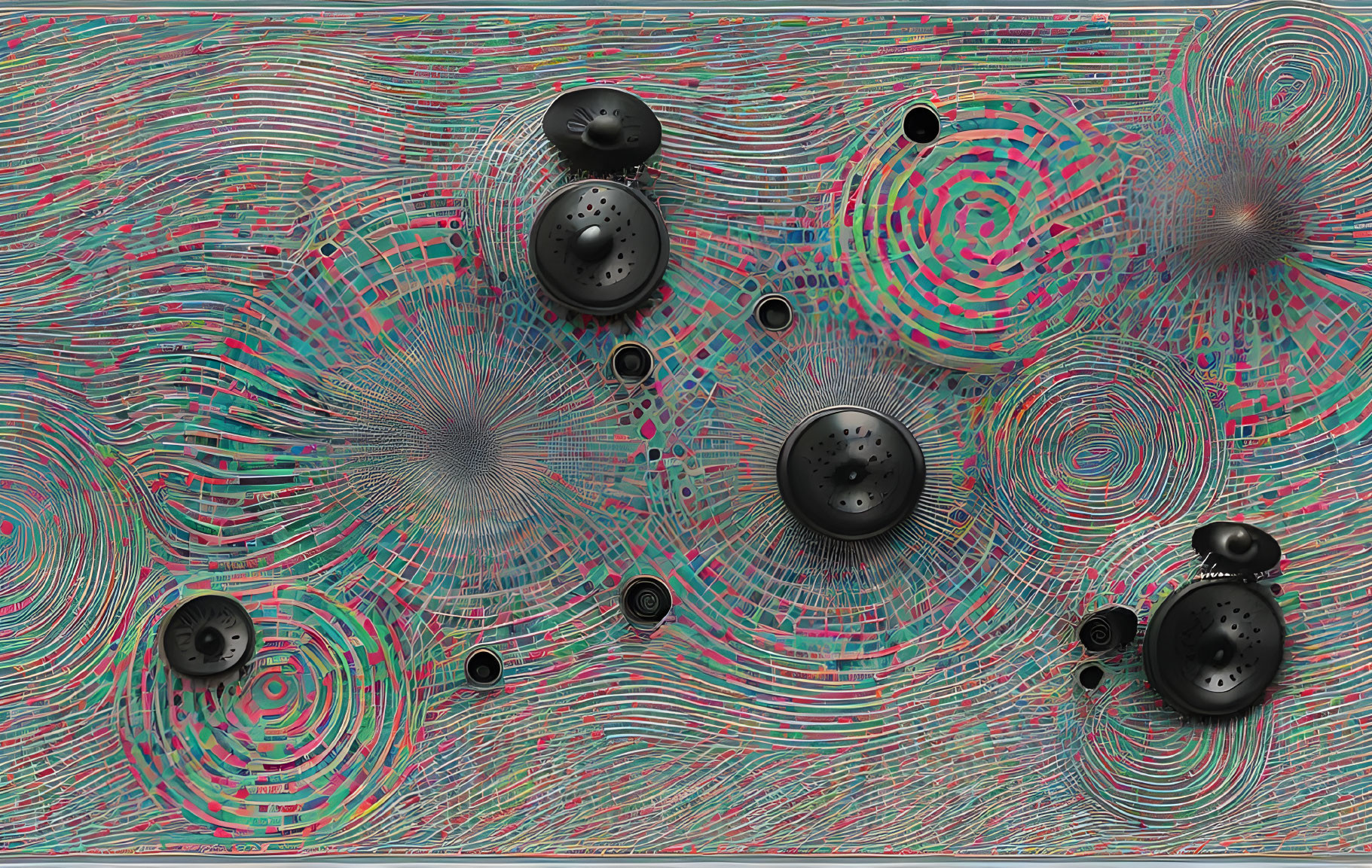 Colorful Abstract Image with Concentric Circles and 3D Spheres