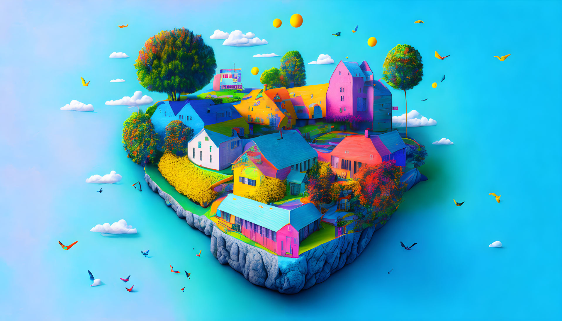 Colorful floating island with houses, trees, birds, and orbs under blue sky