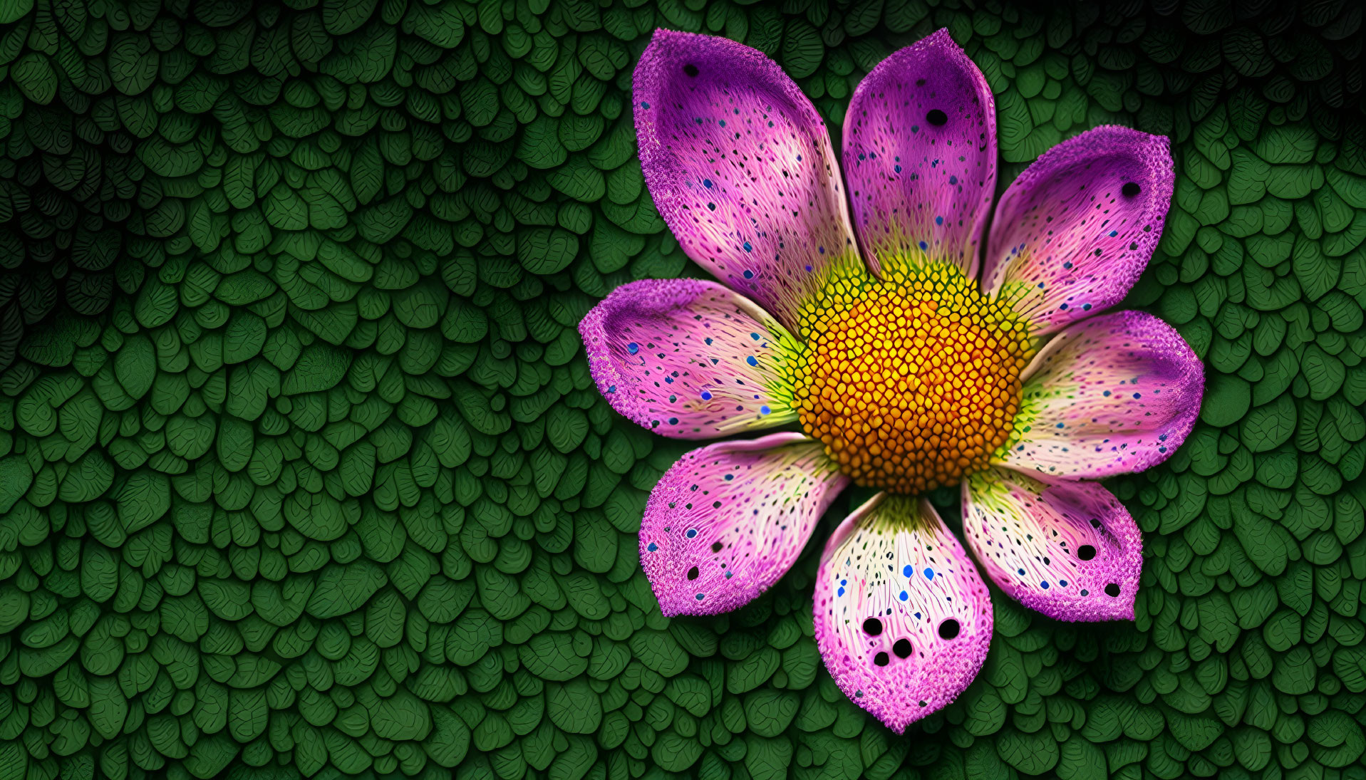 Vibrant purple and pink flower with yellow center on green leaf background