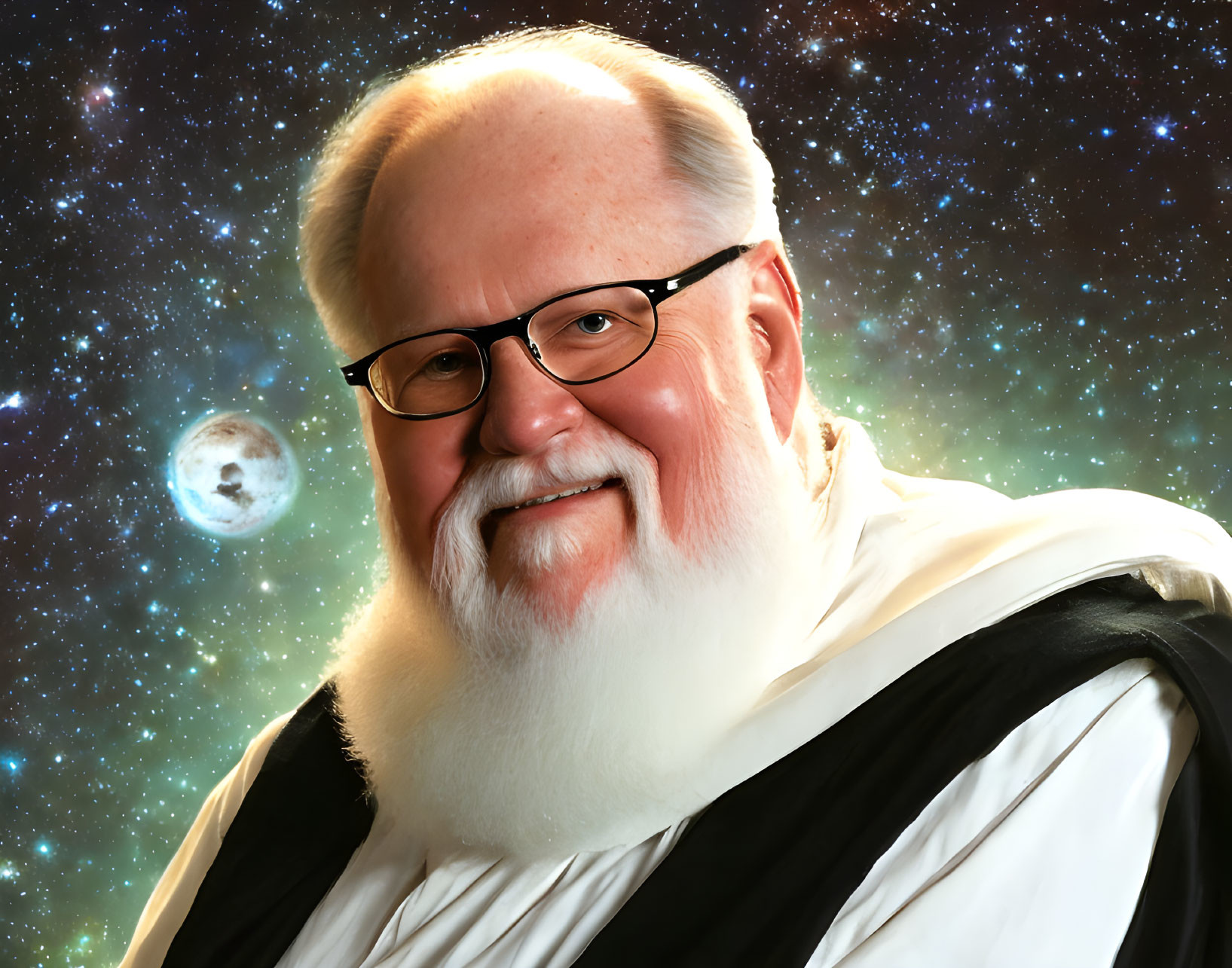 Elderly Man with Beard in Glasses on Starry Space Background