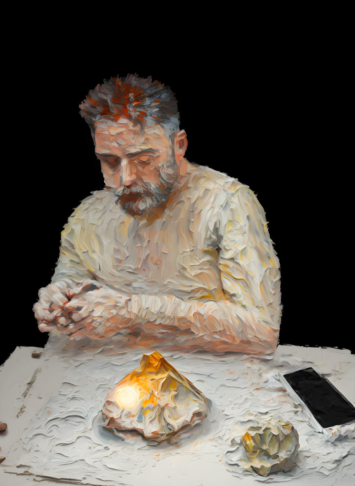 Bearded man with smartphone and oyster shells at table