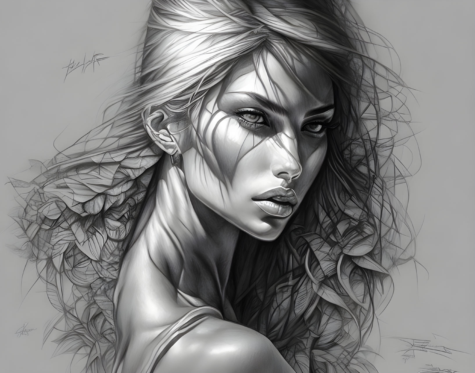 Monochromatic digital artwork of a contemplative woman with flowing hair