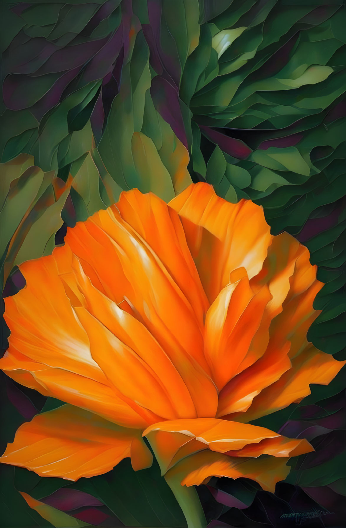 Colorful digital painting: Orange flower with green leaves, glossy finish