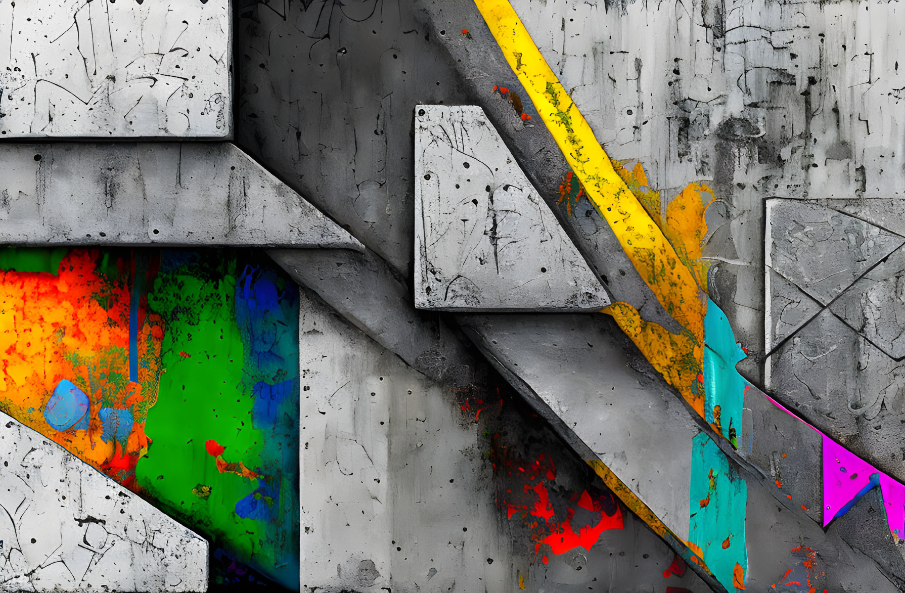 Abstract textured image of concrete wall with geometric shapes and vibrant paint splashes